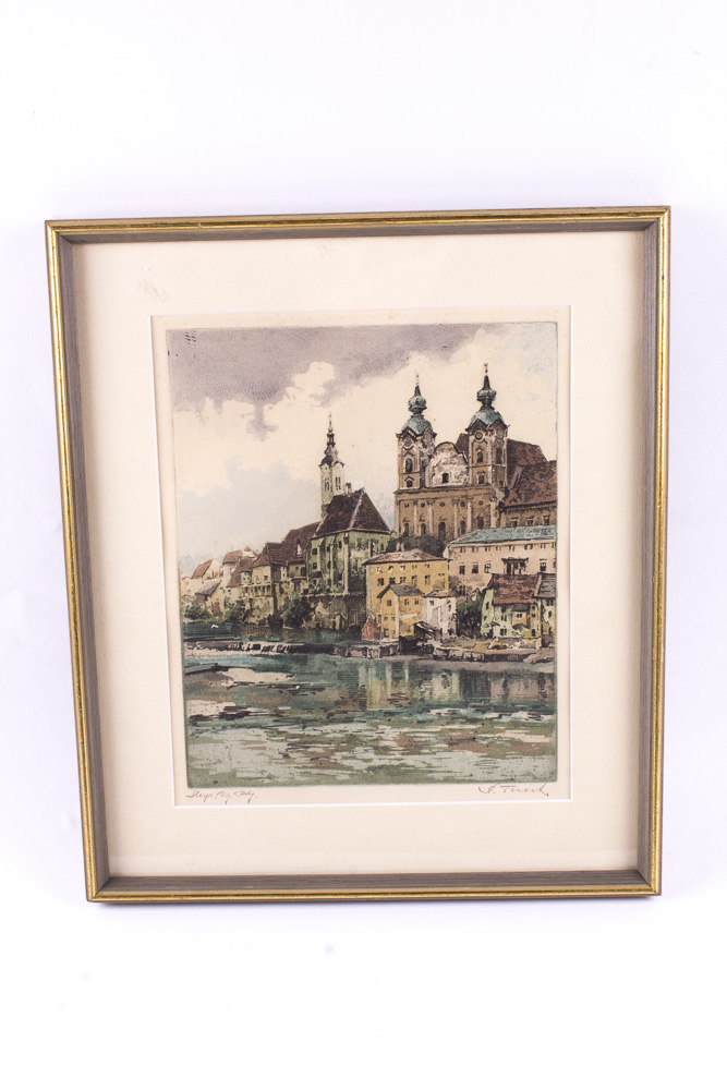Signed Colored Etching of Buildings