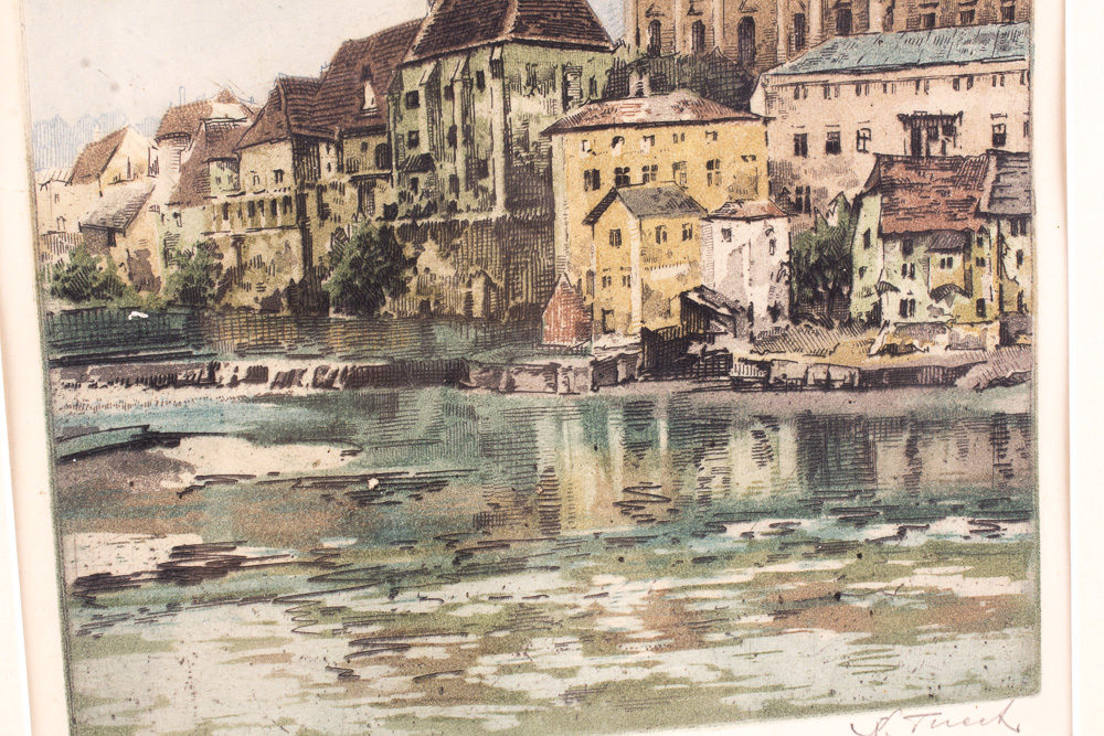 Signed Colored Etching of Buildings