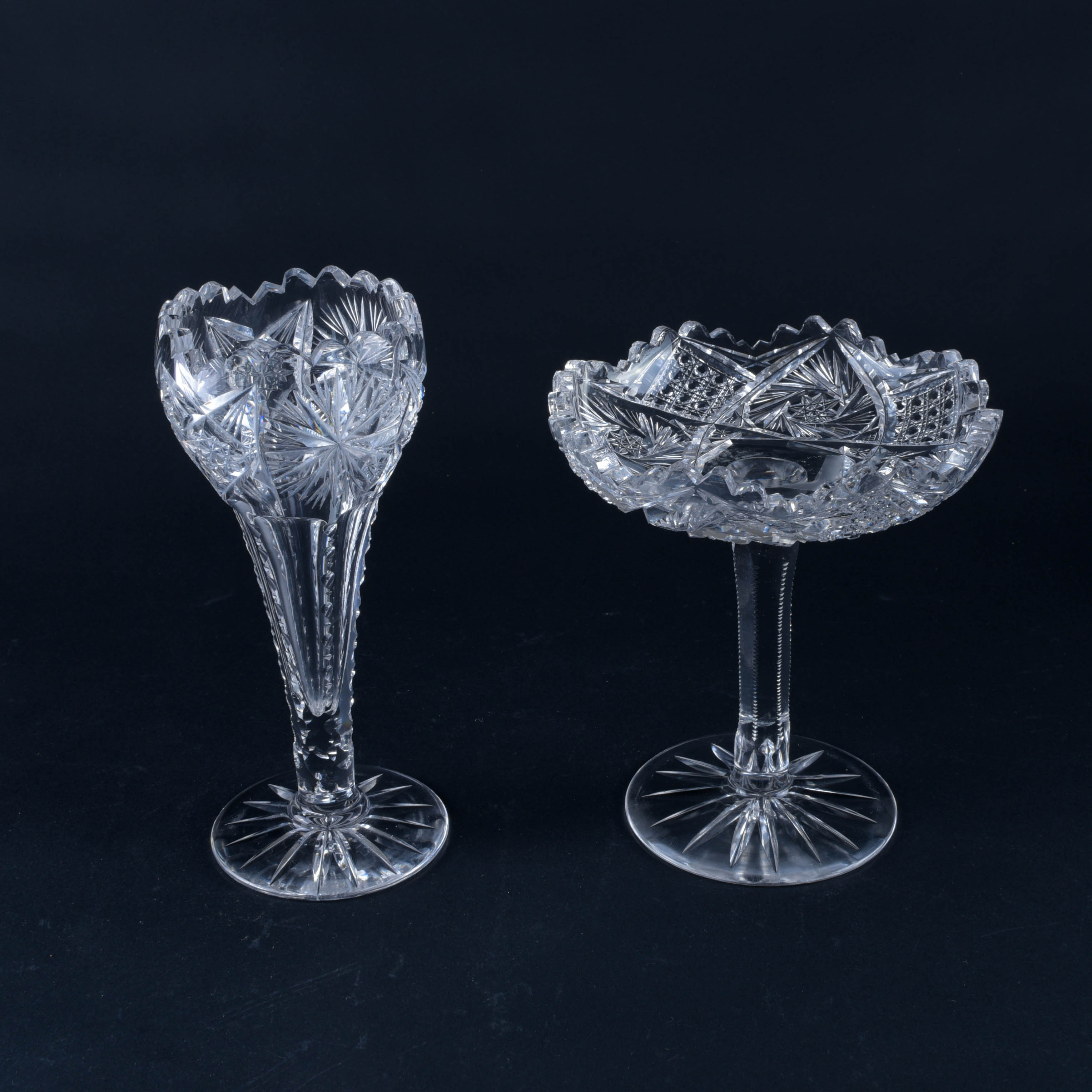 Cut Crystal Compote and Trumpet Vase