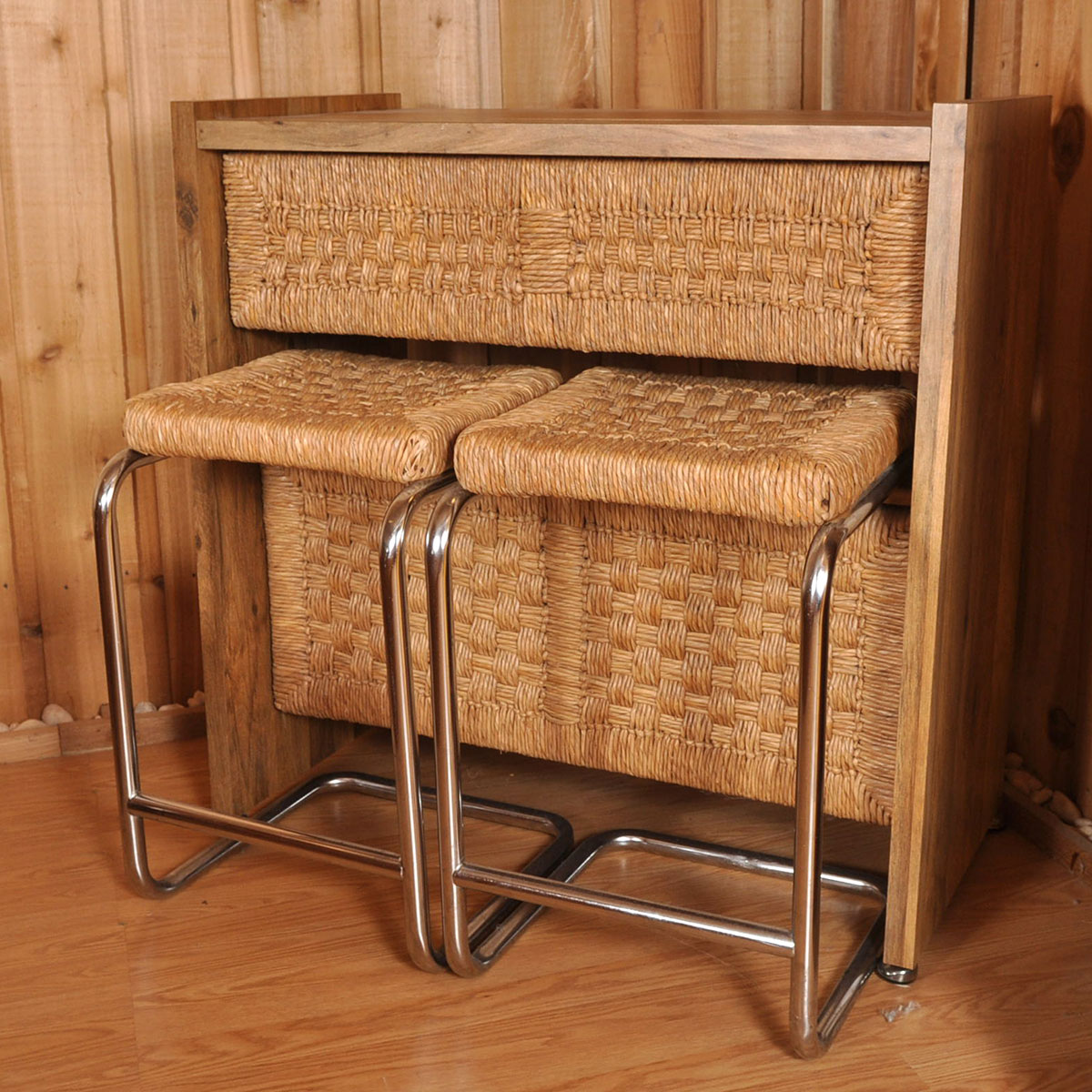 Mid Century Modern Style Rattan Bar and Stools