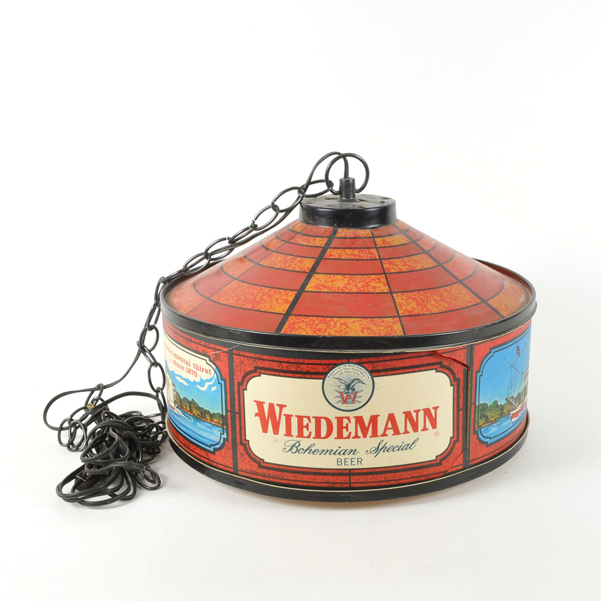 Vintage Breweriana Wiedemann Beer Faux Amber Glass Hanging Light Signage