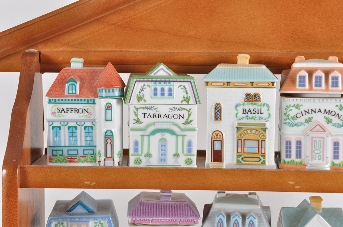 Lenox "Spice Village" Porcelain Spice Jars with Wood Display Rack