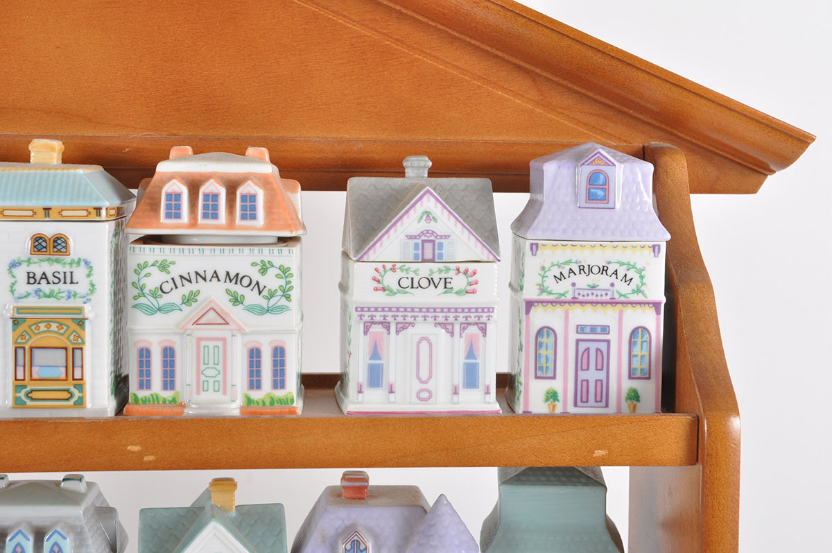 Lenox "Spice Village" Porcelain Spice Jars with Wood Display Rack