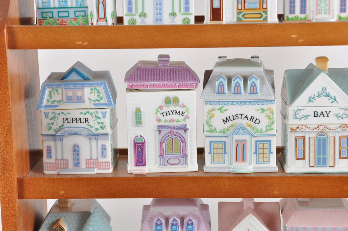 Lenox "Spice Village" Porcelain Spice Jars with Wood Display Rack