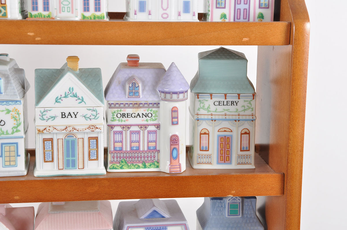 Lenox "Spice Village" Porcelain Spice Jars with Wood Display Rack