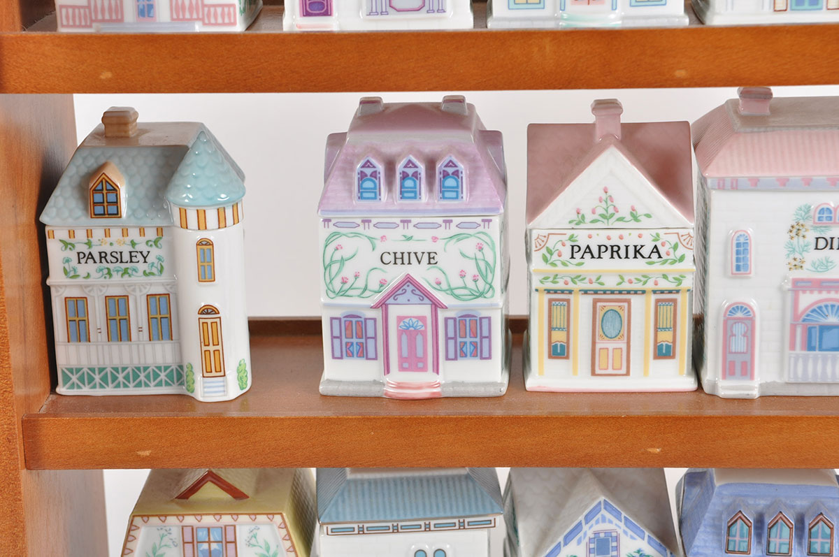 Lenox "Spice Village" Porcelain Spice Jars with Wood Display Rack