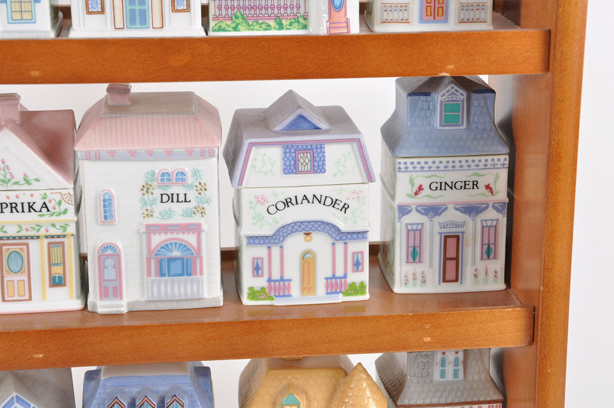 Lenox "Spice Village" Porcelain Spice Jars with Wood Display Rack