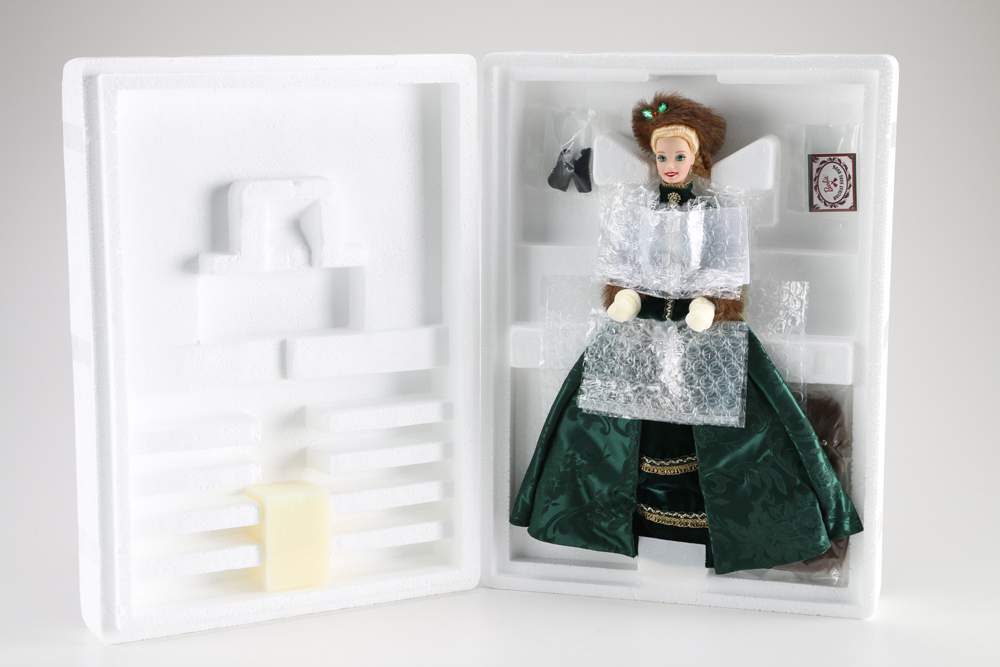 Claude Monet "Water Lily" Barbie and Porcelain Holiday Caroler Barbie Doll Pairing