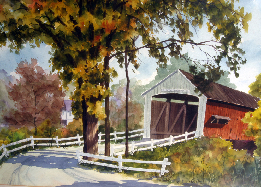 Signed, Original Erhard Ericson Watercolor Landscape with a Covered Bridge