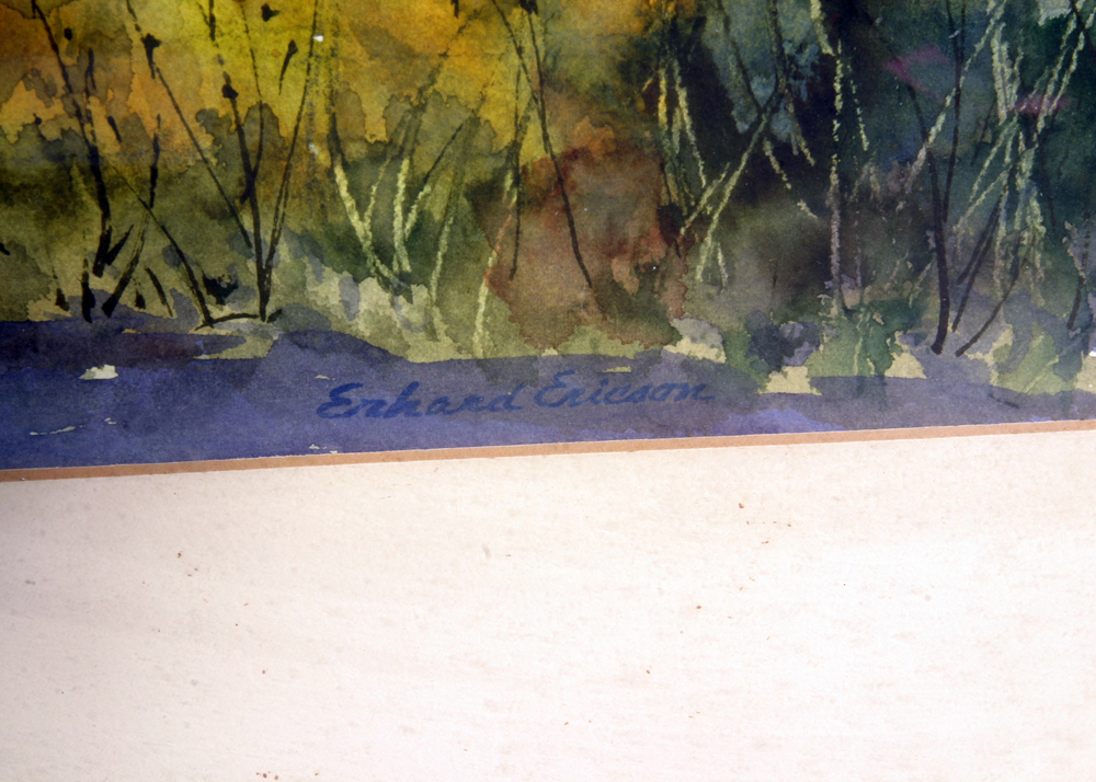 Signed, Original Erhard Ericson Watercolor Landscape with a Covered Bridge