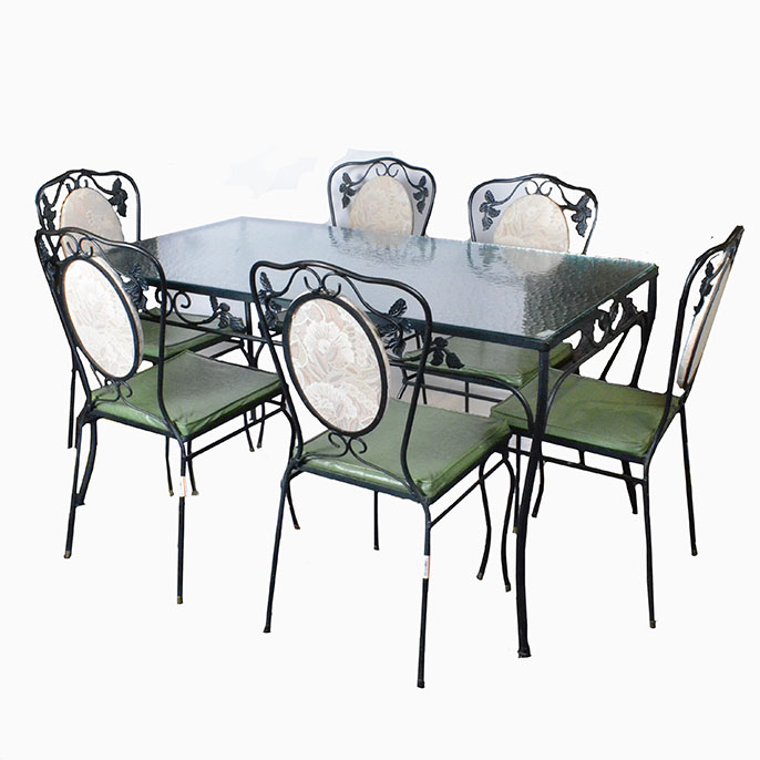 Glass and Wrought Iron Patio Table with Six Chairs