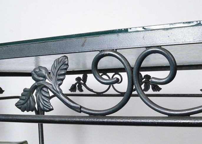 Glass and Wrought Iron Patio Table with Six Chairs