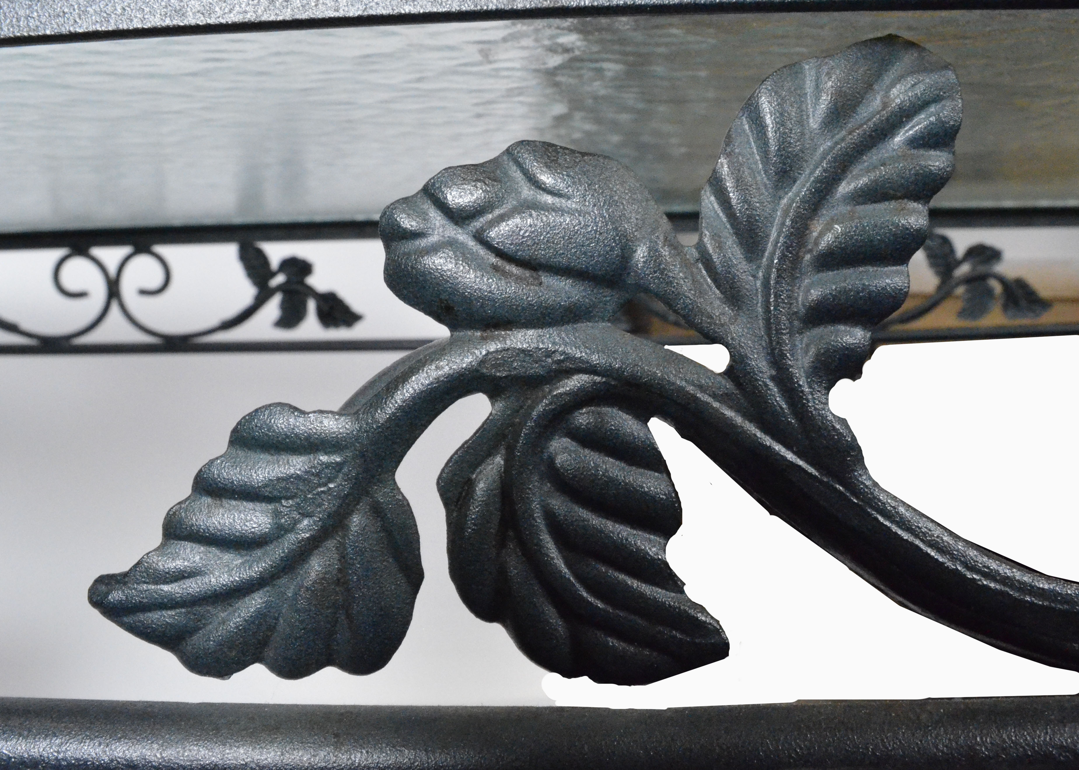 Glass and Wrought Iron Patio Table with Six Chairs