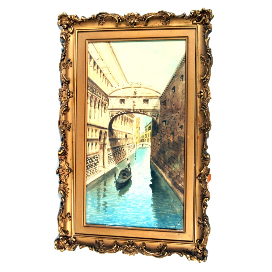 Original, Framed Vintage Watercolor of a Venice Canal