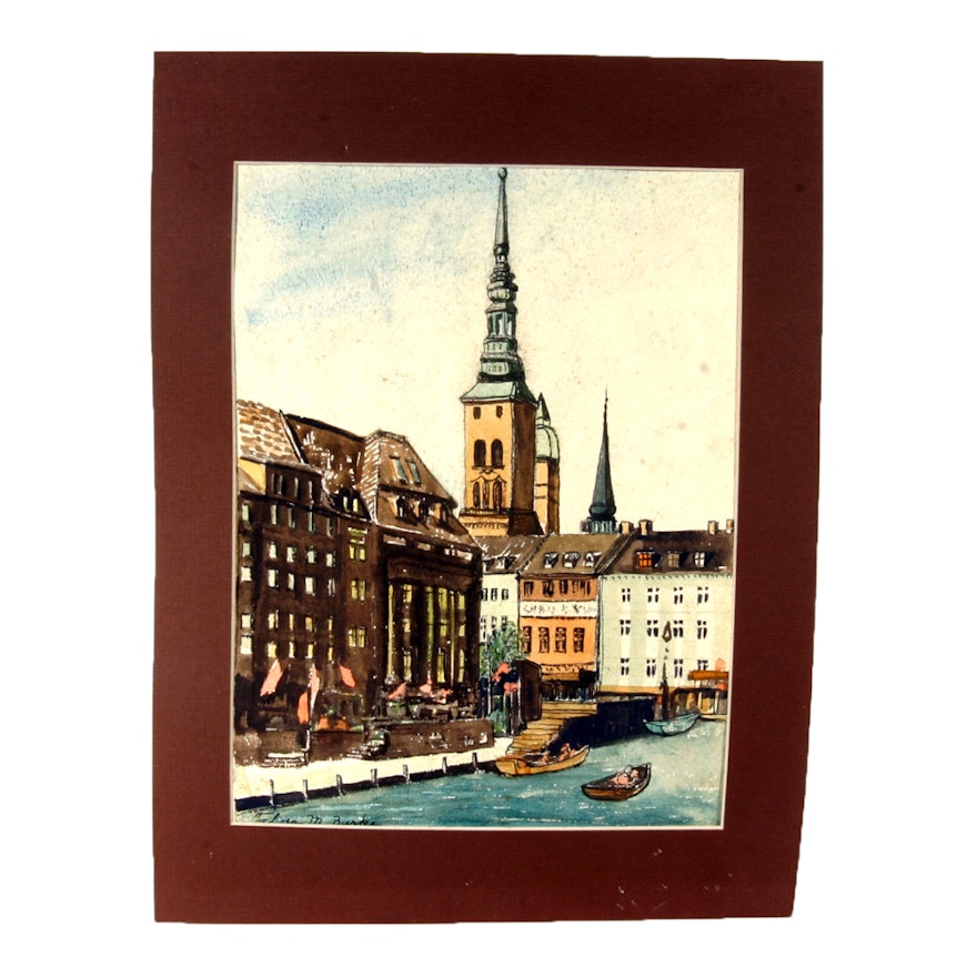 Signed Original Watercolor of a European City by Listed Indiana Artist Flora Burke