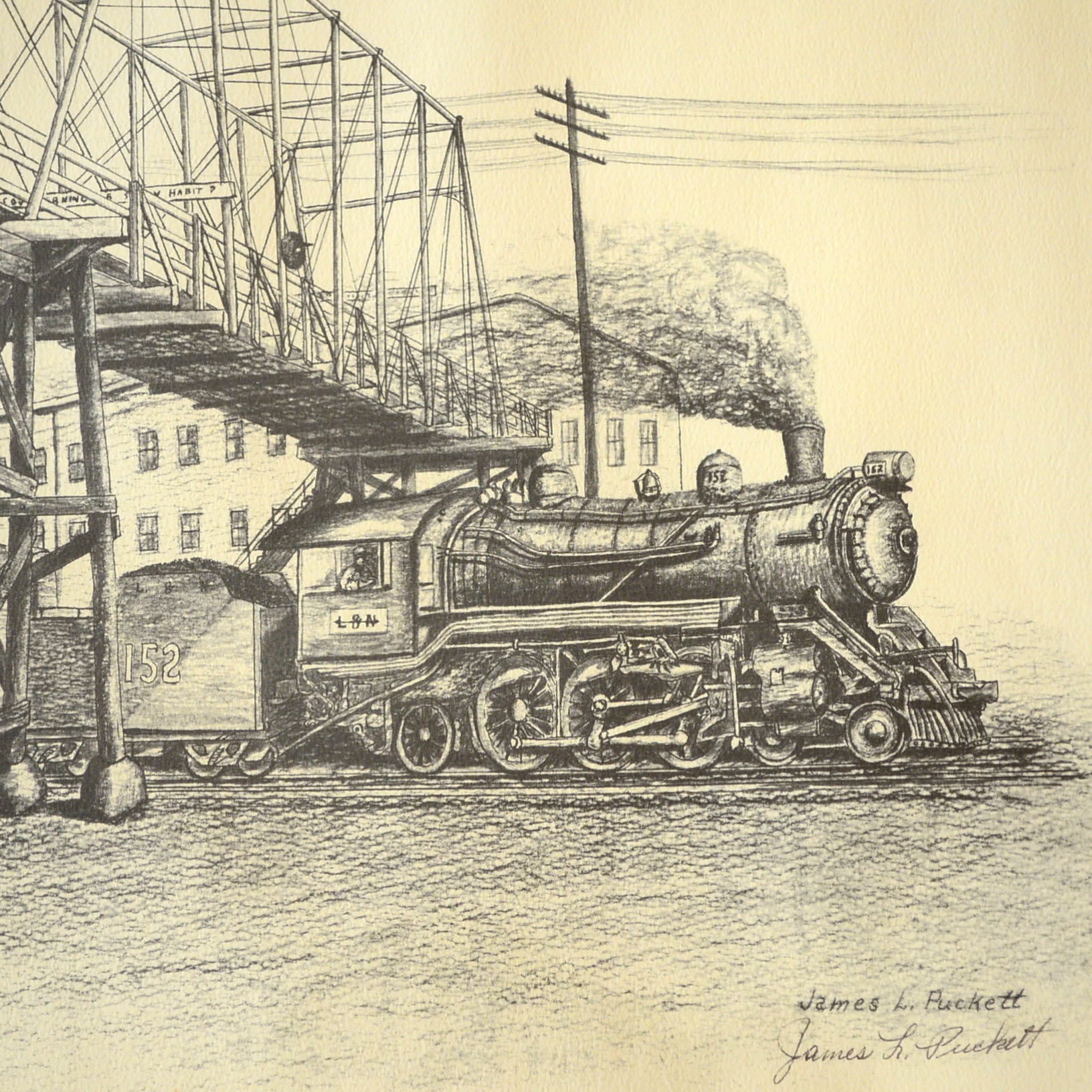 L & N Foot Bridge Framed Offset Lithograph James L. Puckett