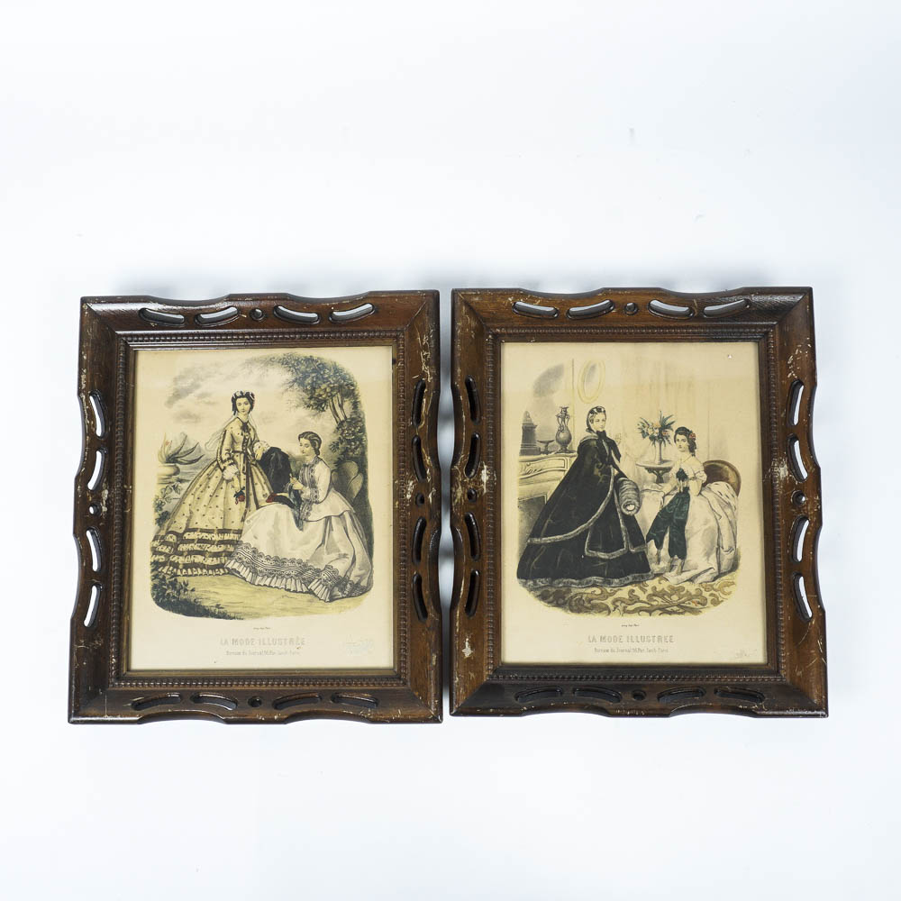 Antique Fashion Prints in Wooden Frames
