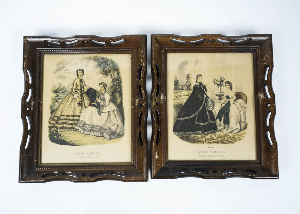 Antique Fashion Prints in Wooden Frames