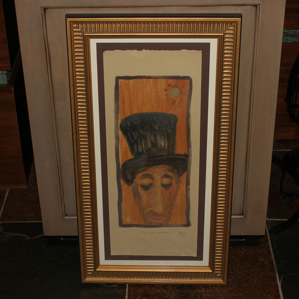 Rabbi with Green Sun Signed Monoprint