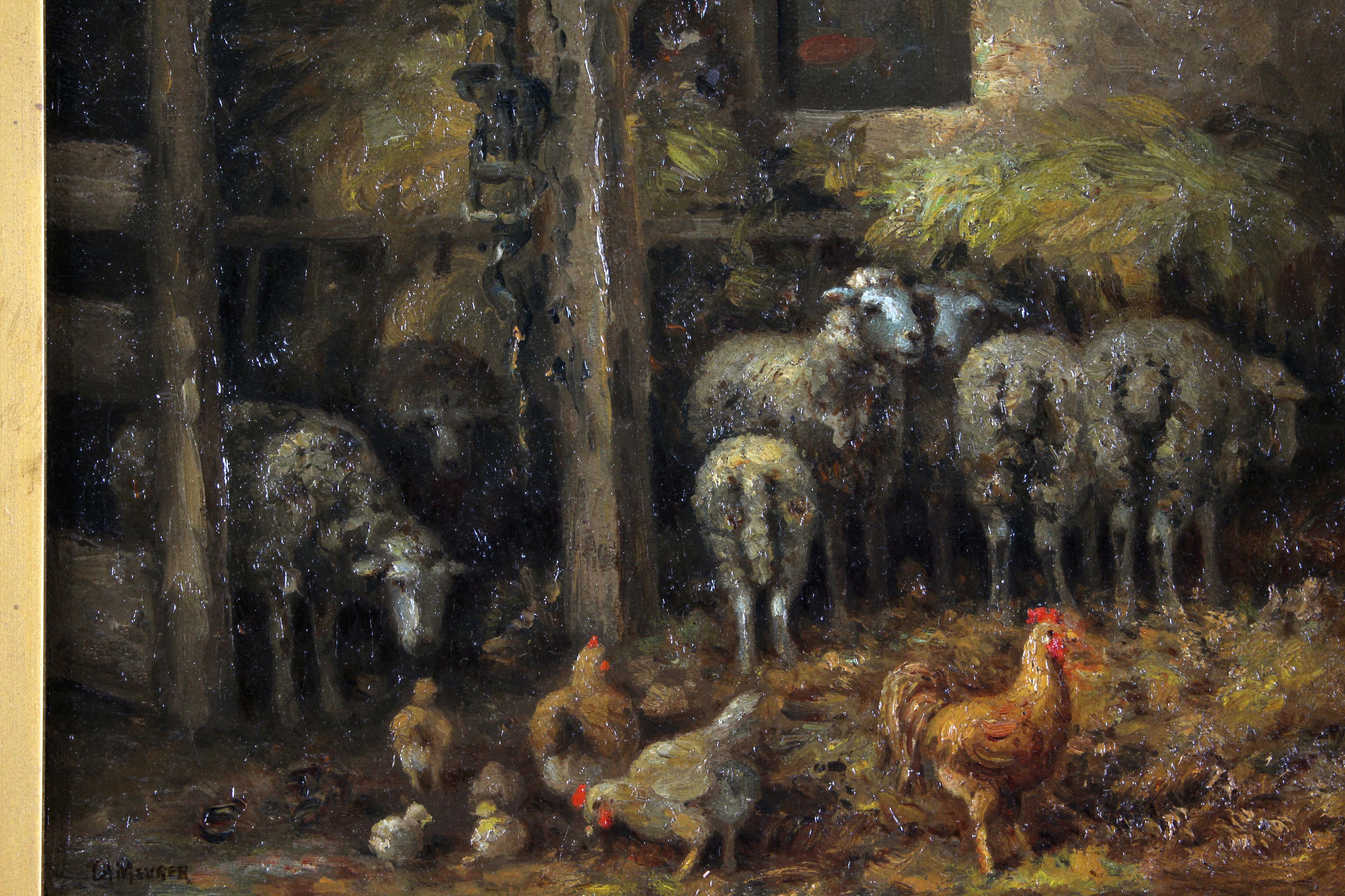 Charles Meurer 19th Century Barnyard Scene Oil Painting