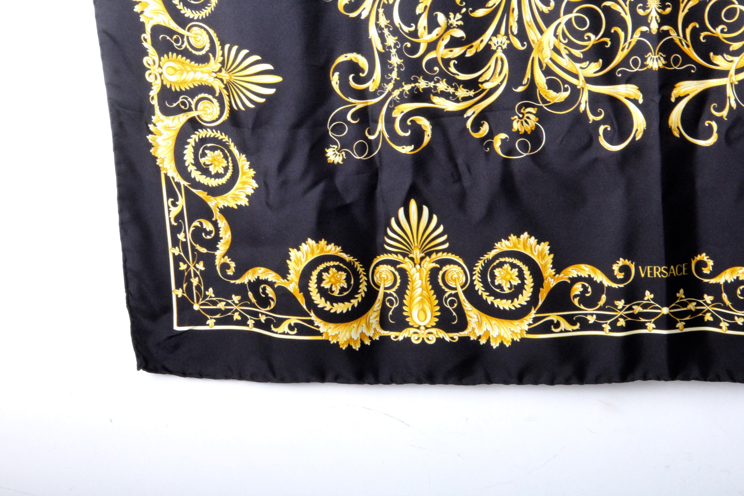 Versace "Foulard" Black and Gold Silk Scarf