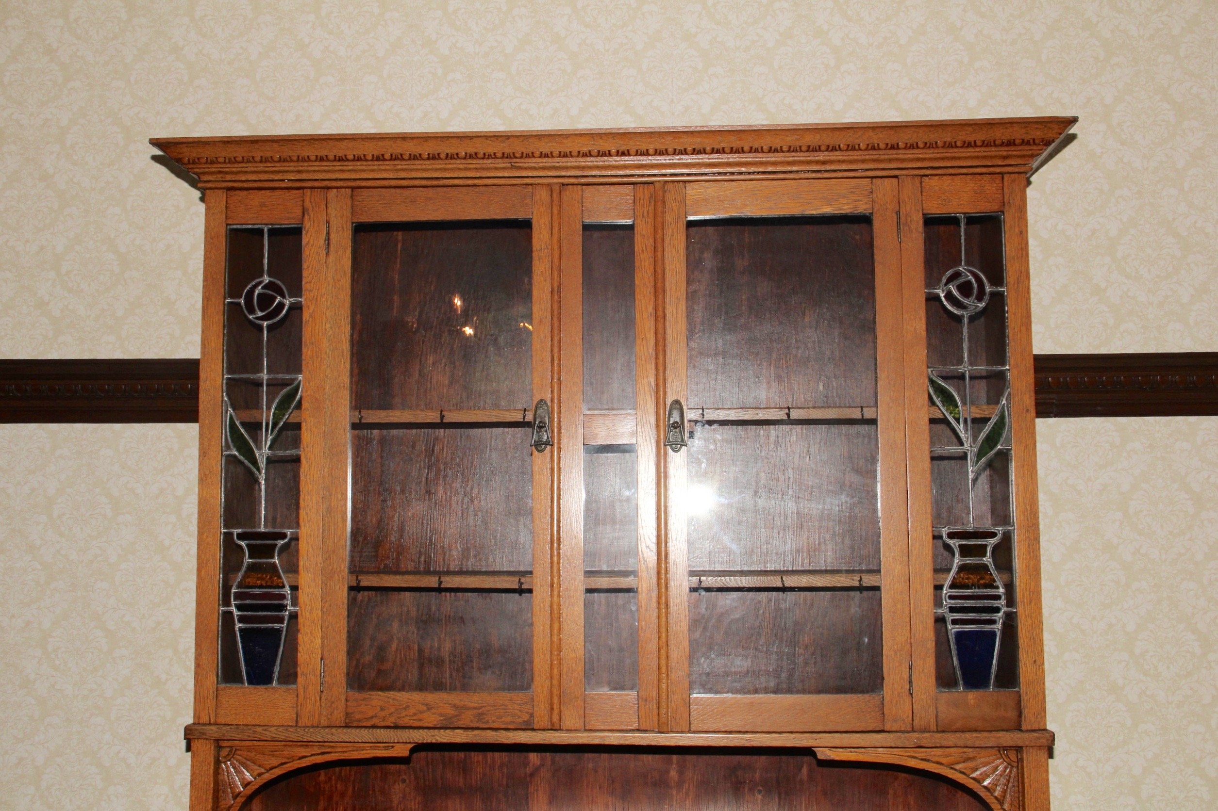 Solid Oak Hutch with Two Stained Glass Panels
