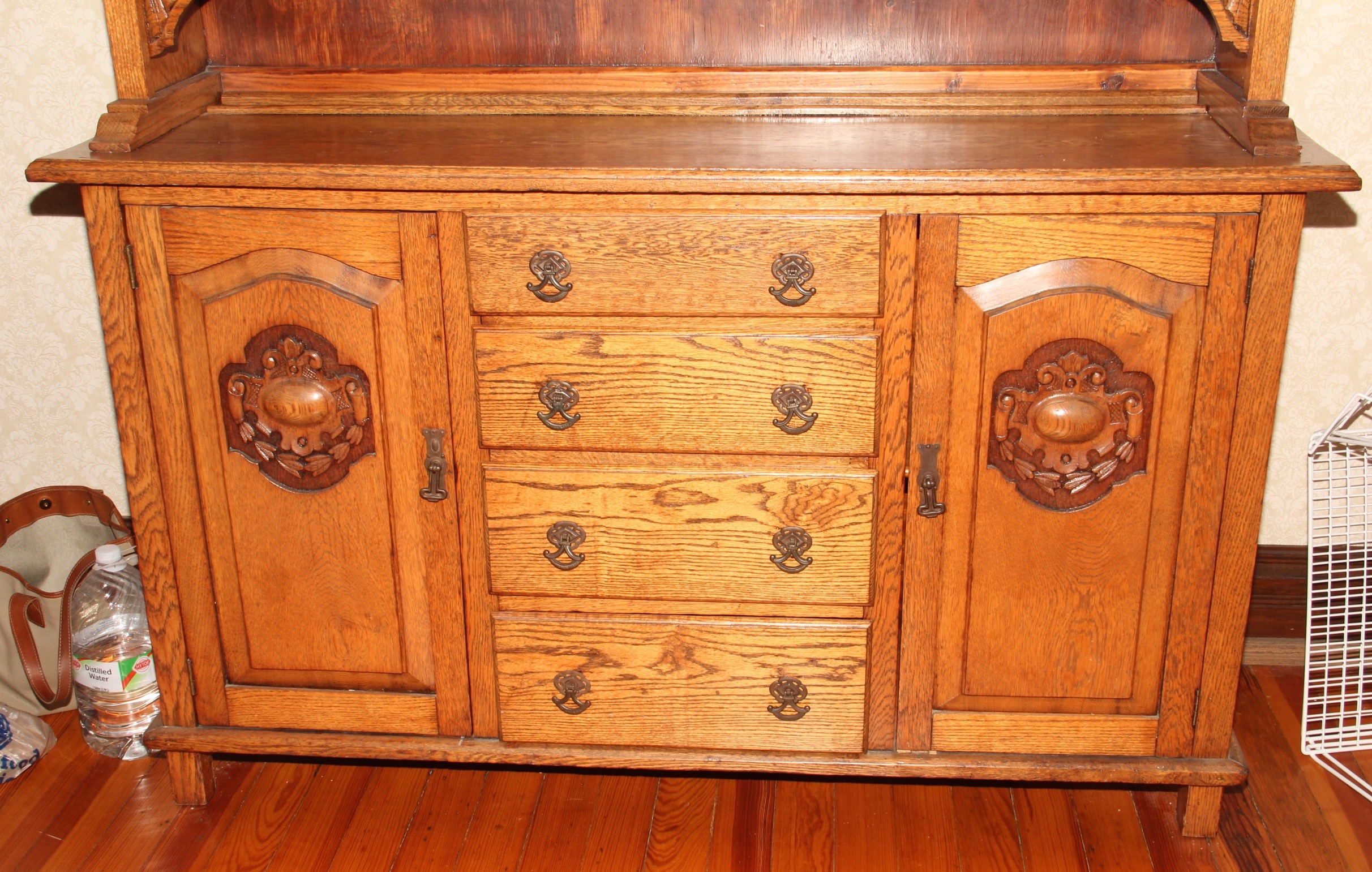 Solid Oak Hutch with Two Stained Glass Panels