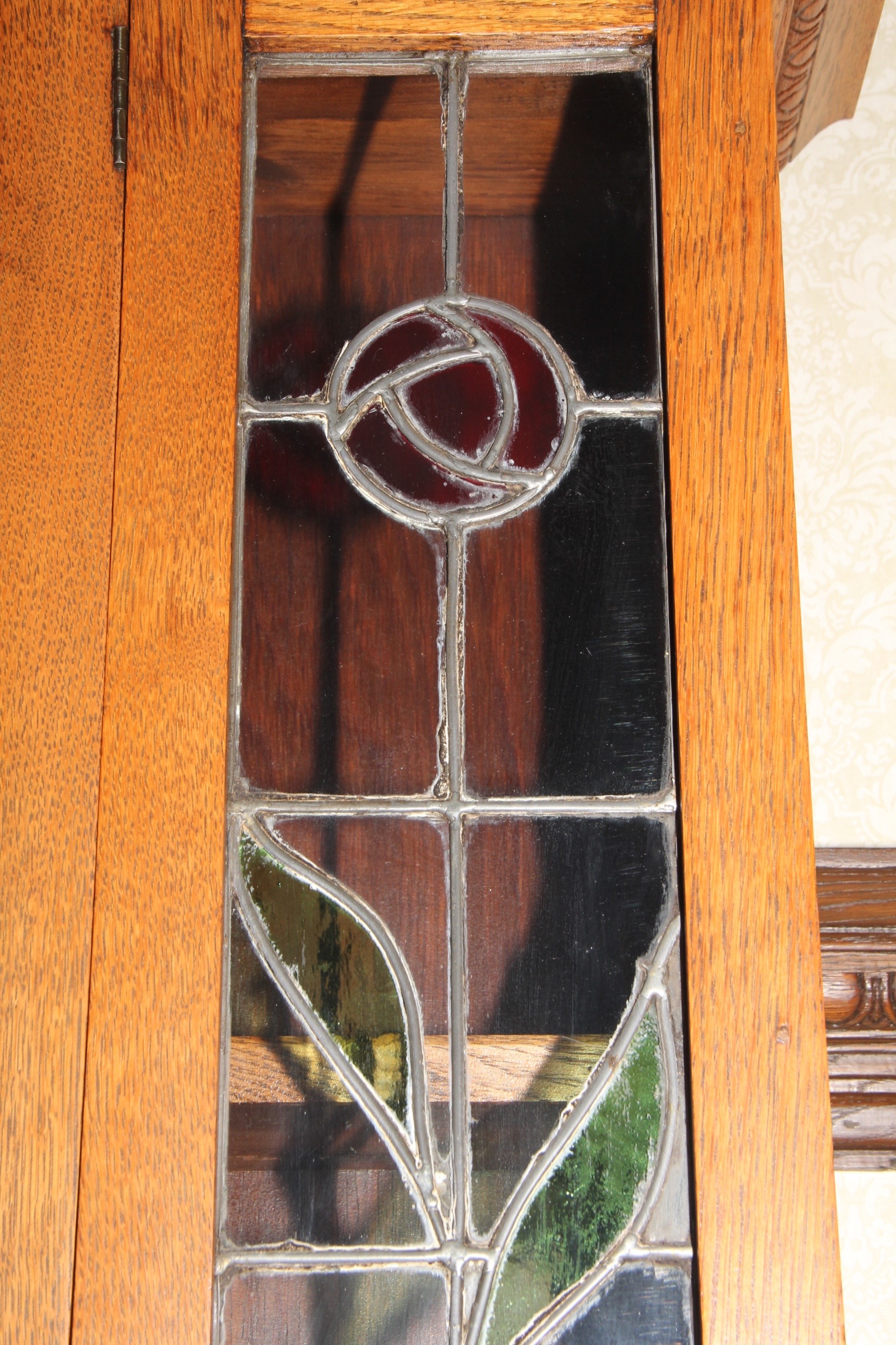 Solid Oak Hutch with Two Stained Glass Panels