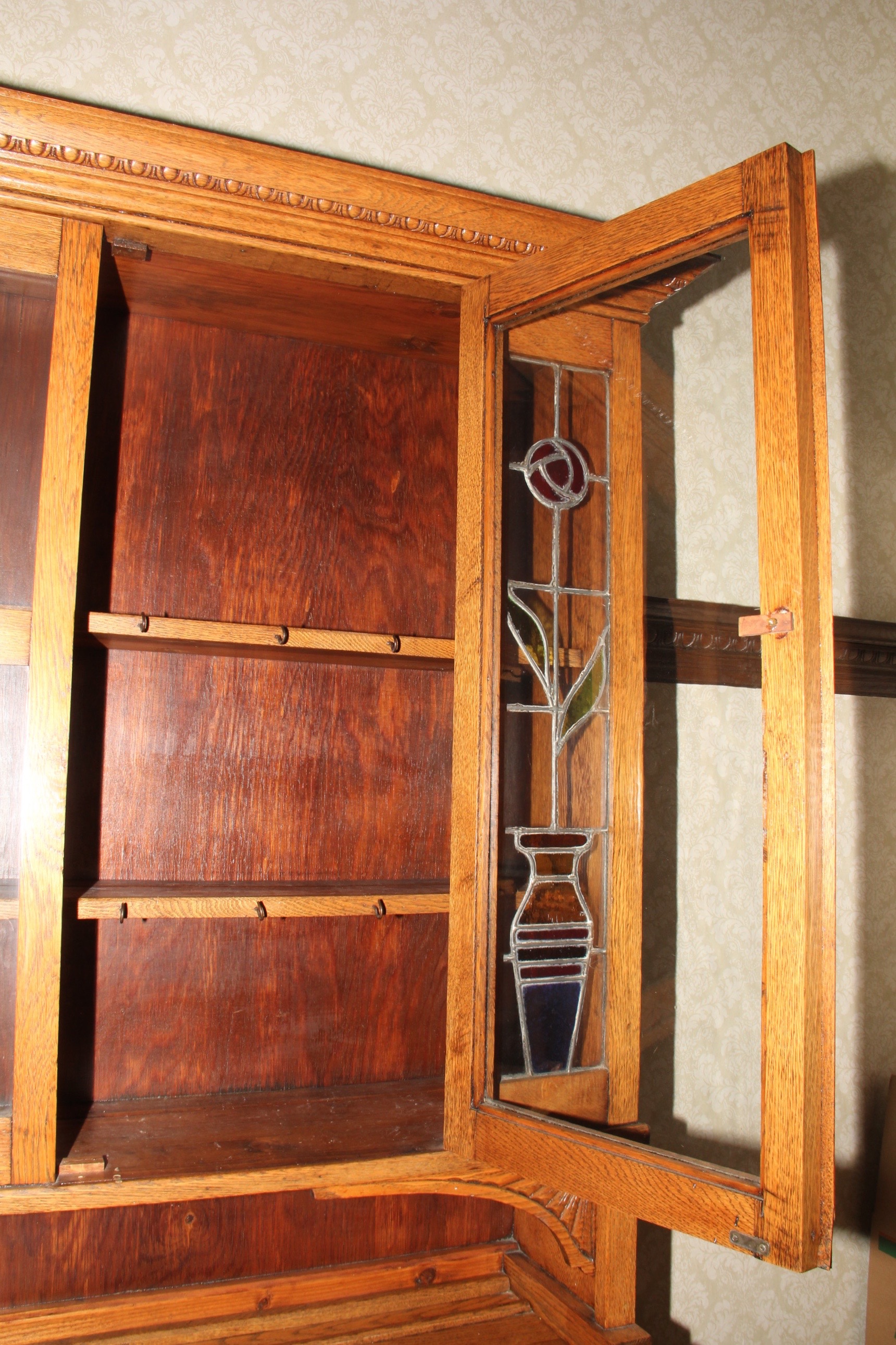 Solid Oak Hutch with Two Stained Glass Panels