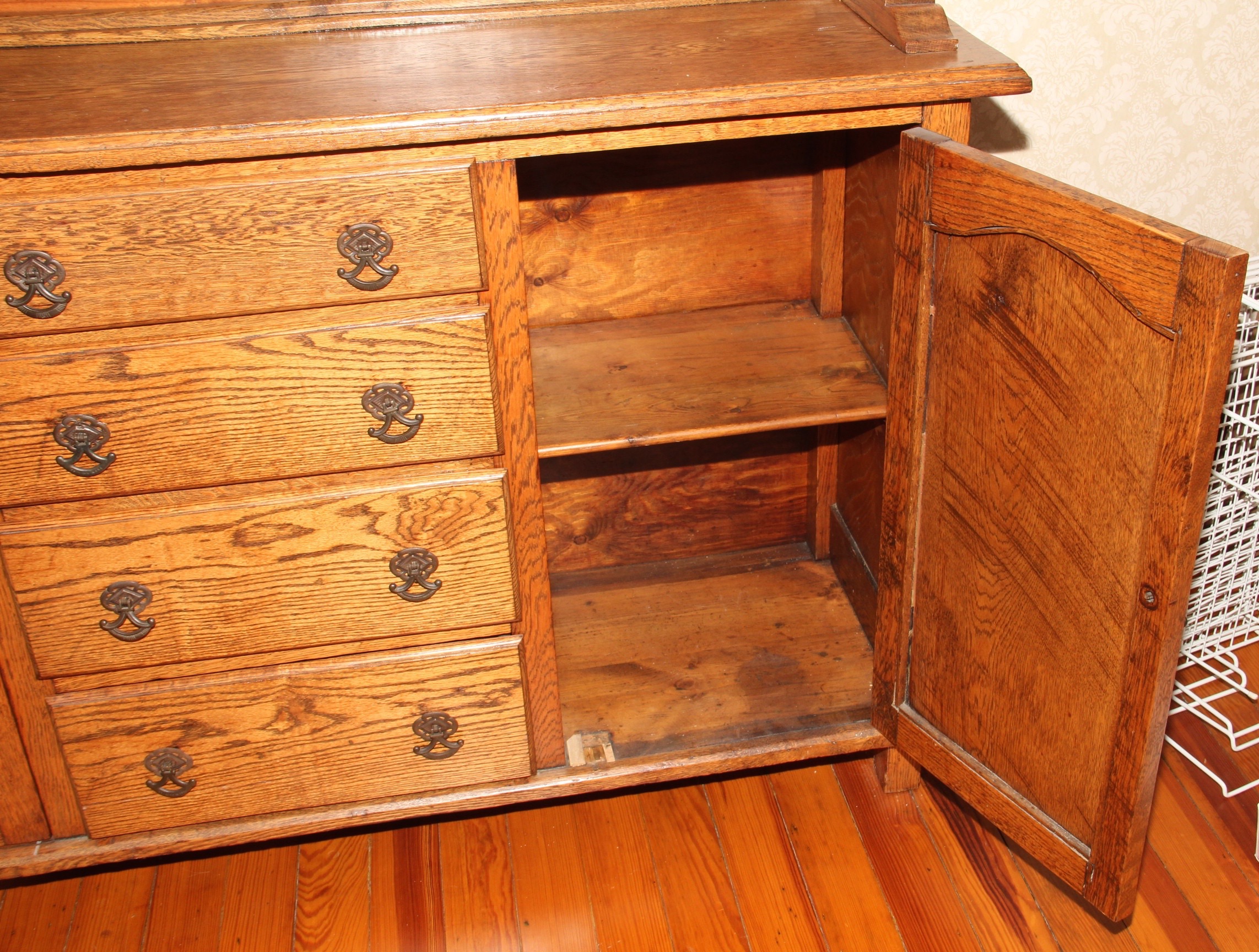 Solid Oak Hutch with Two Stained Glass Panels