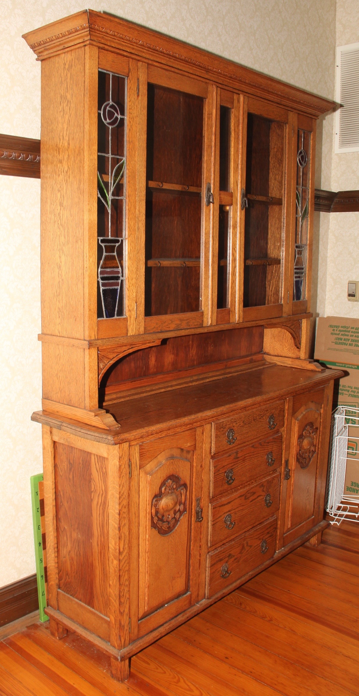 Solid Oak Hutch with Two Stained Glass Panels