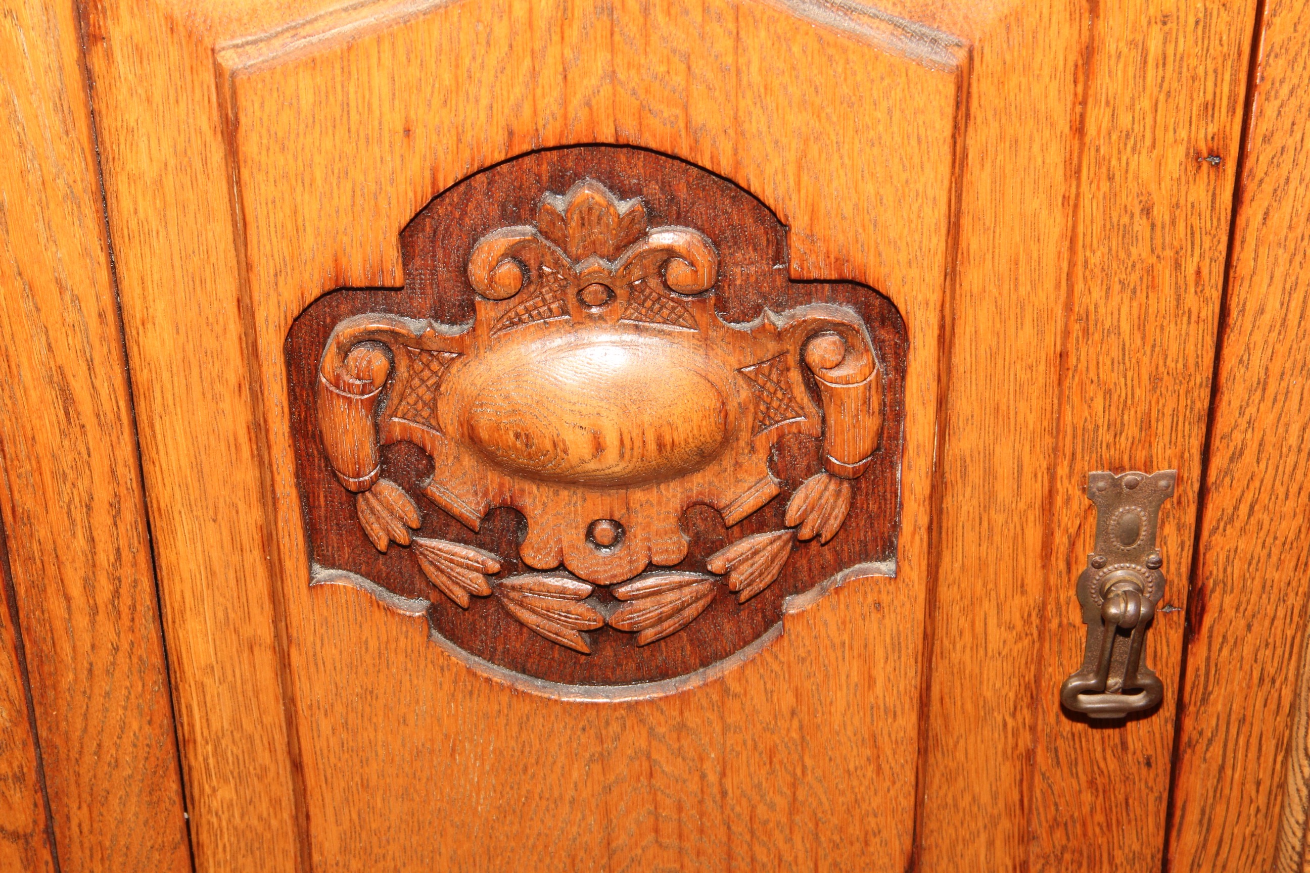 Solid Oak Hutch with Two Stained Glass Panels