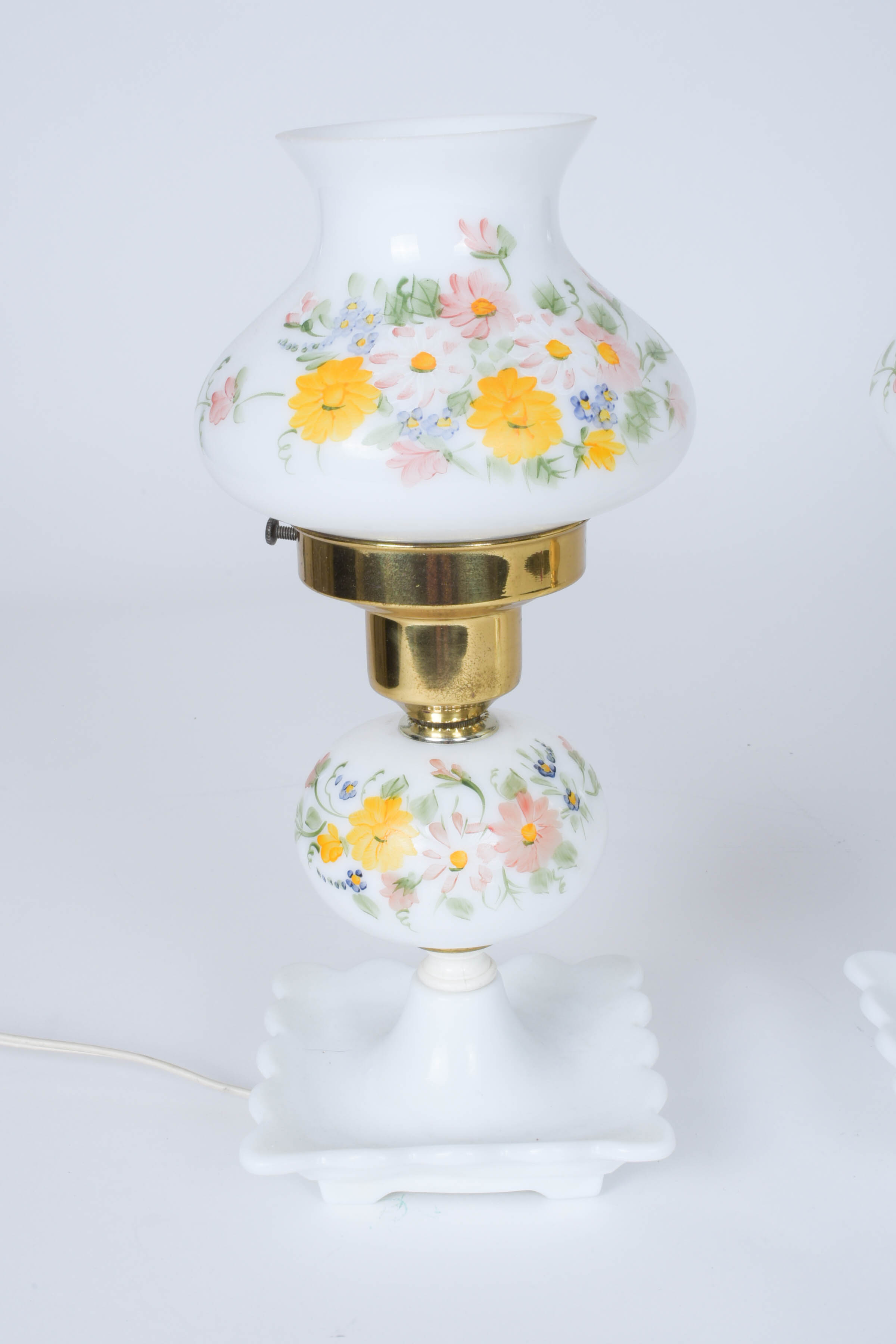 Pair of Hand Painted Floral Milk Glass Lamps