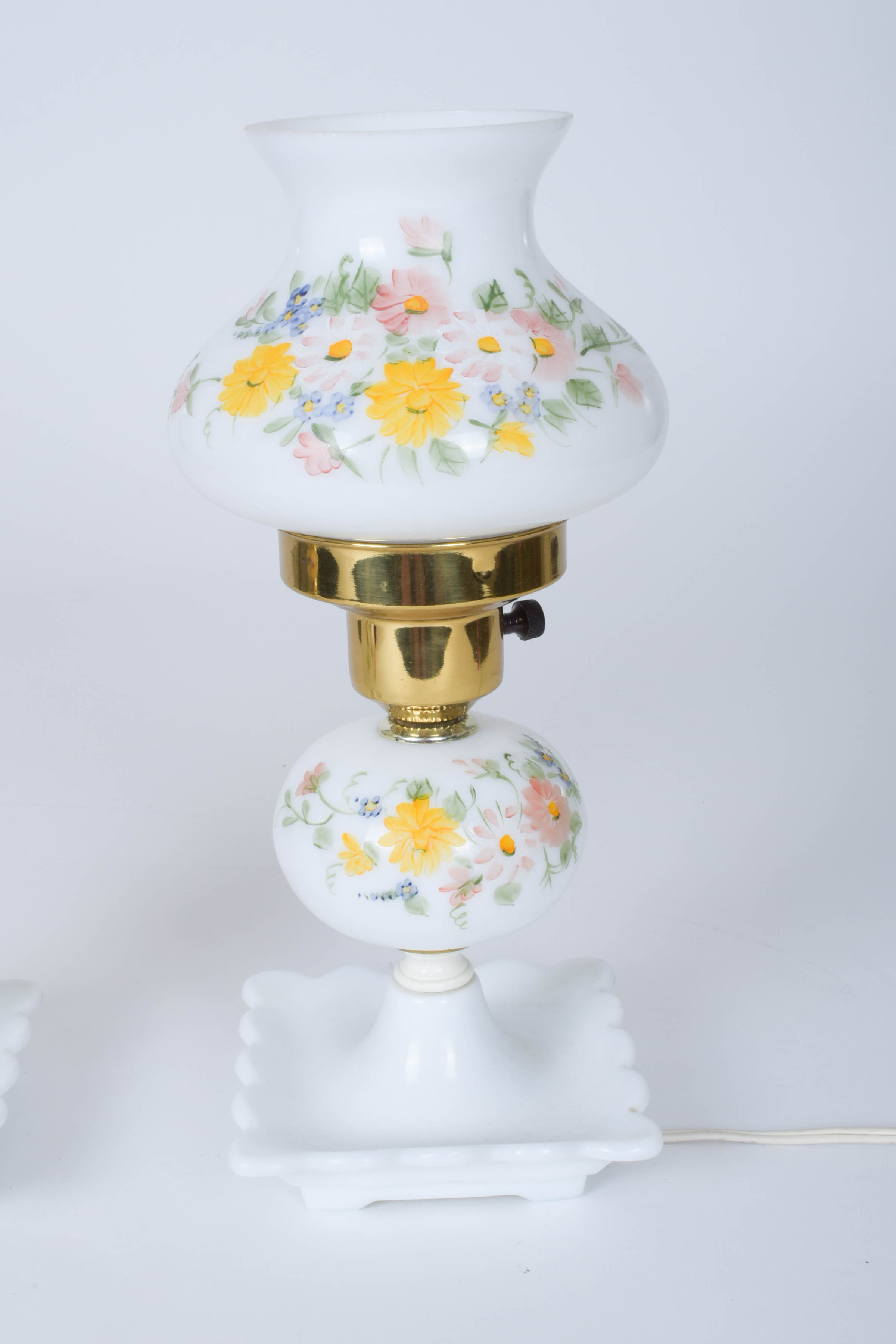 Pair of Hand Painted Floral Milk Glass Lamps