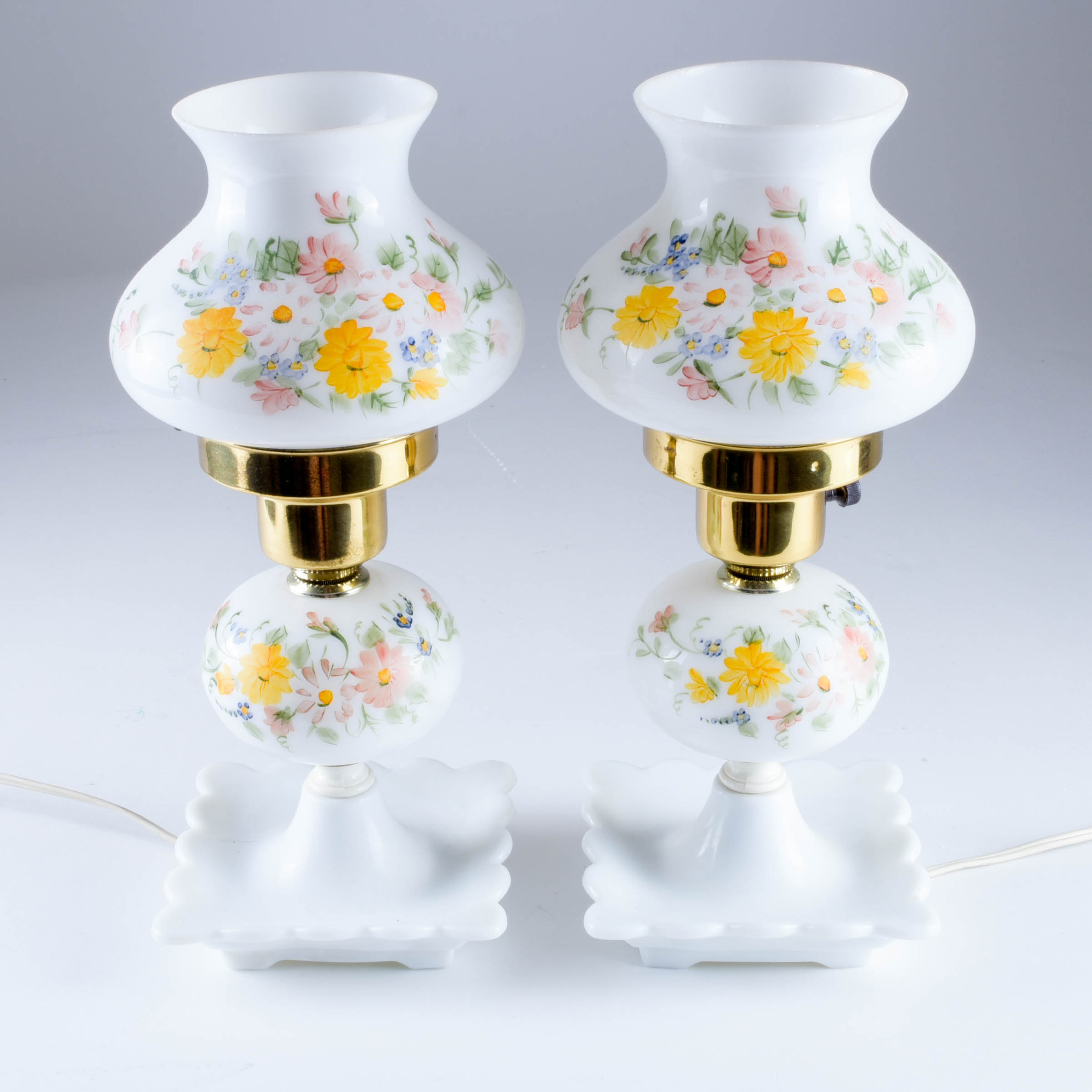 Pair of Hand Painted Floral Milk Glass Lamps