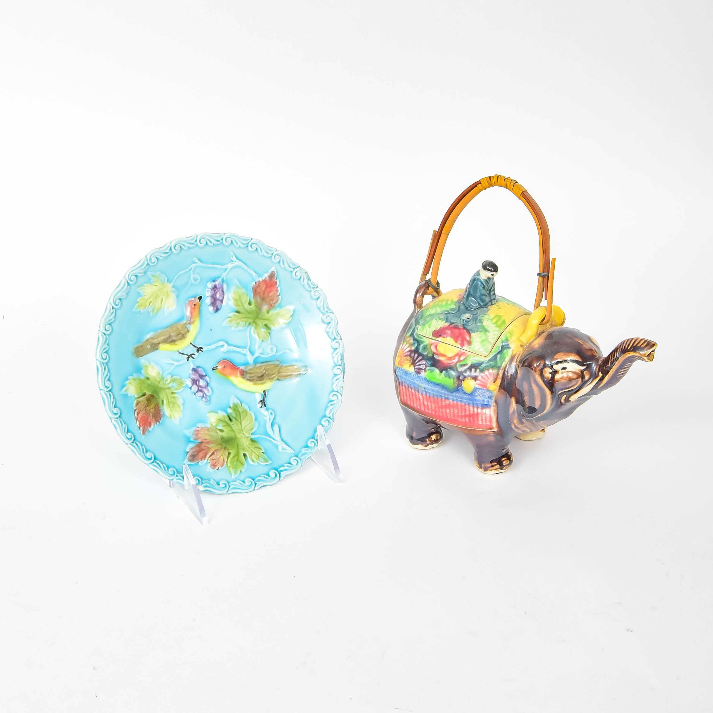 Majolica Figural Teapot and Plate