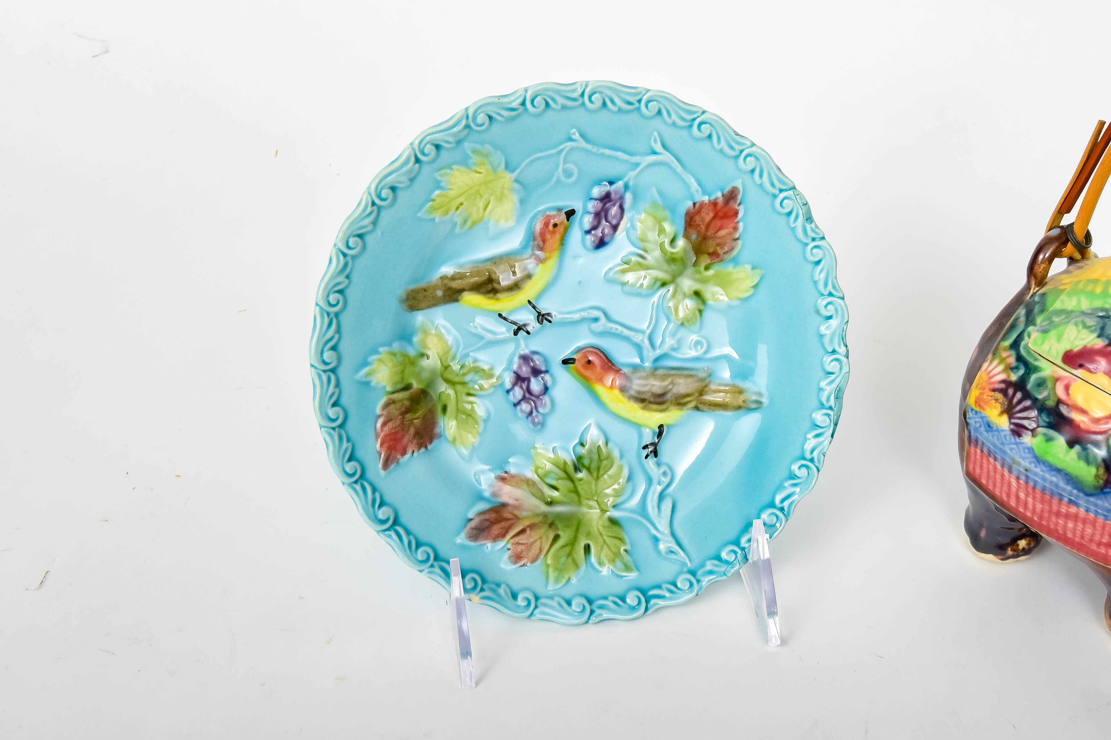 Majolica Figural Teapot and Plate