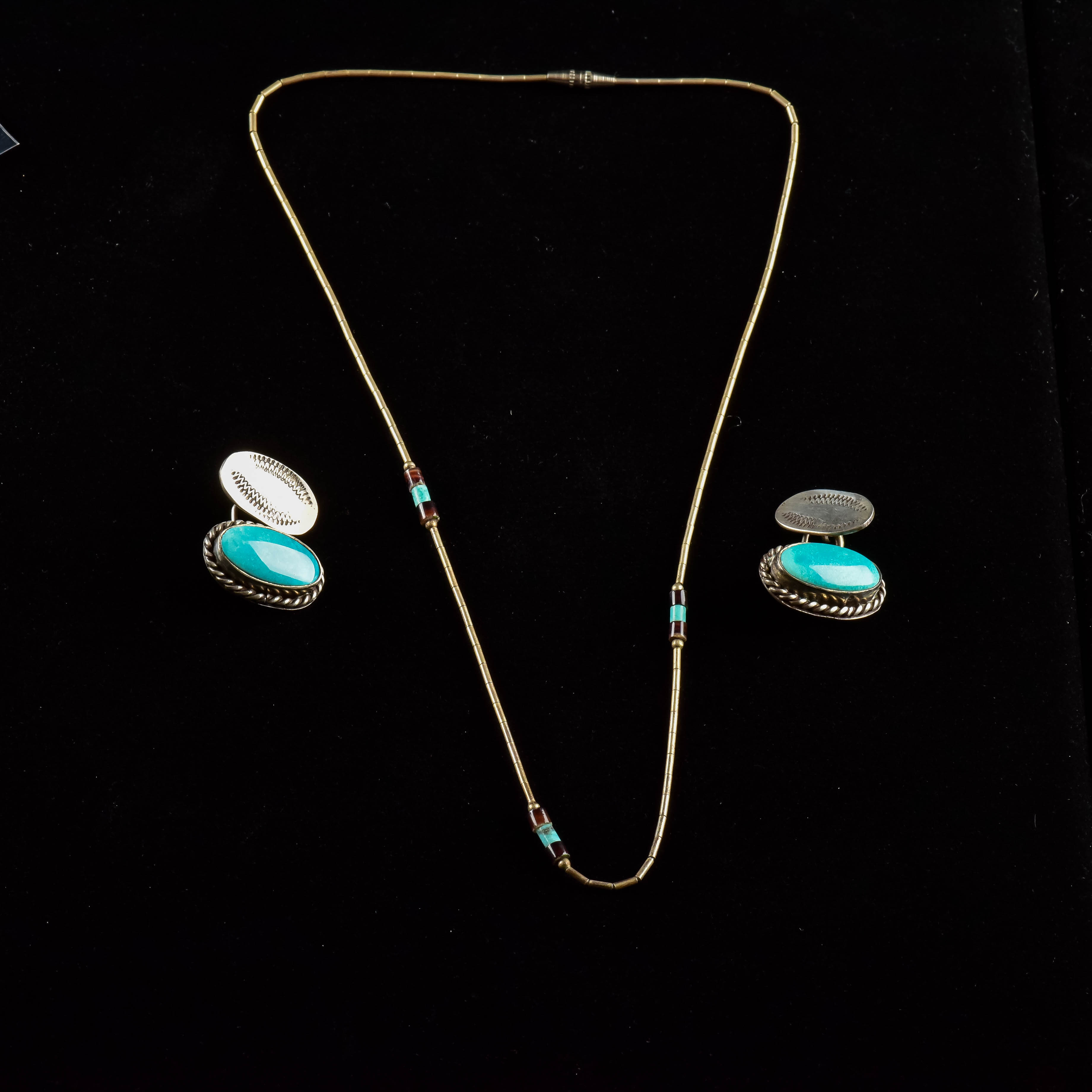 Silver Beaded Necklace and Stone Cabochon Cufflinks