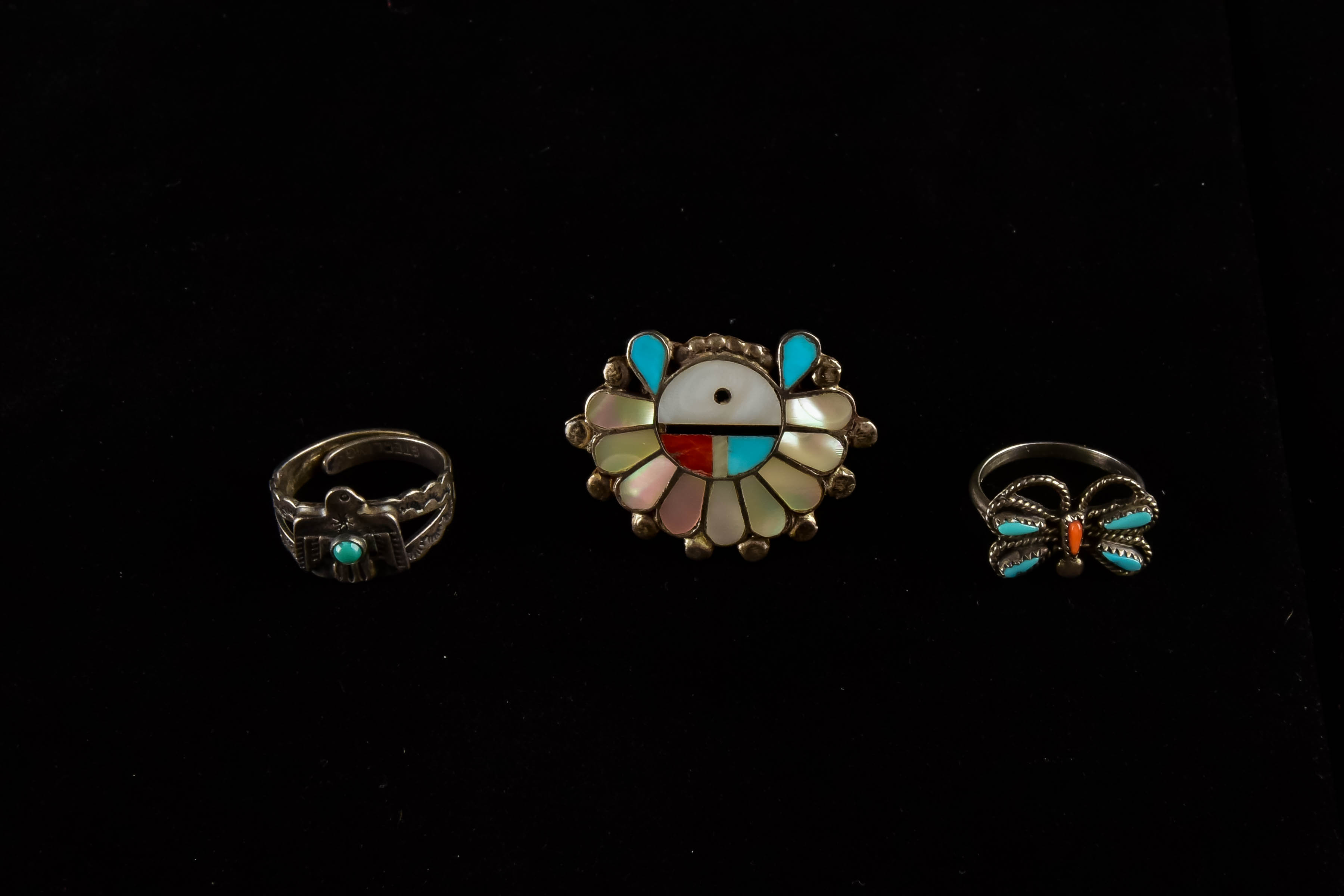 Native American Sterling and Stone Ring Trio