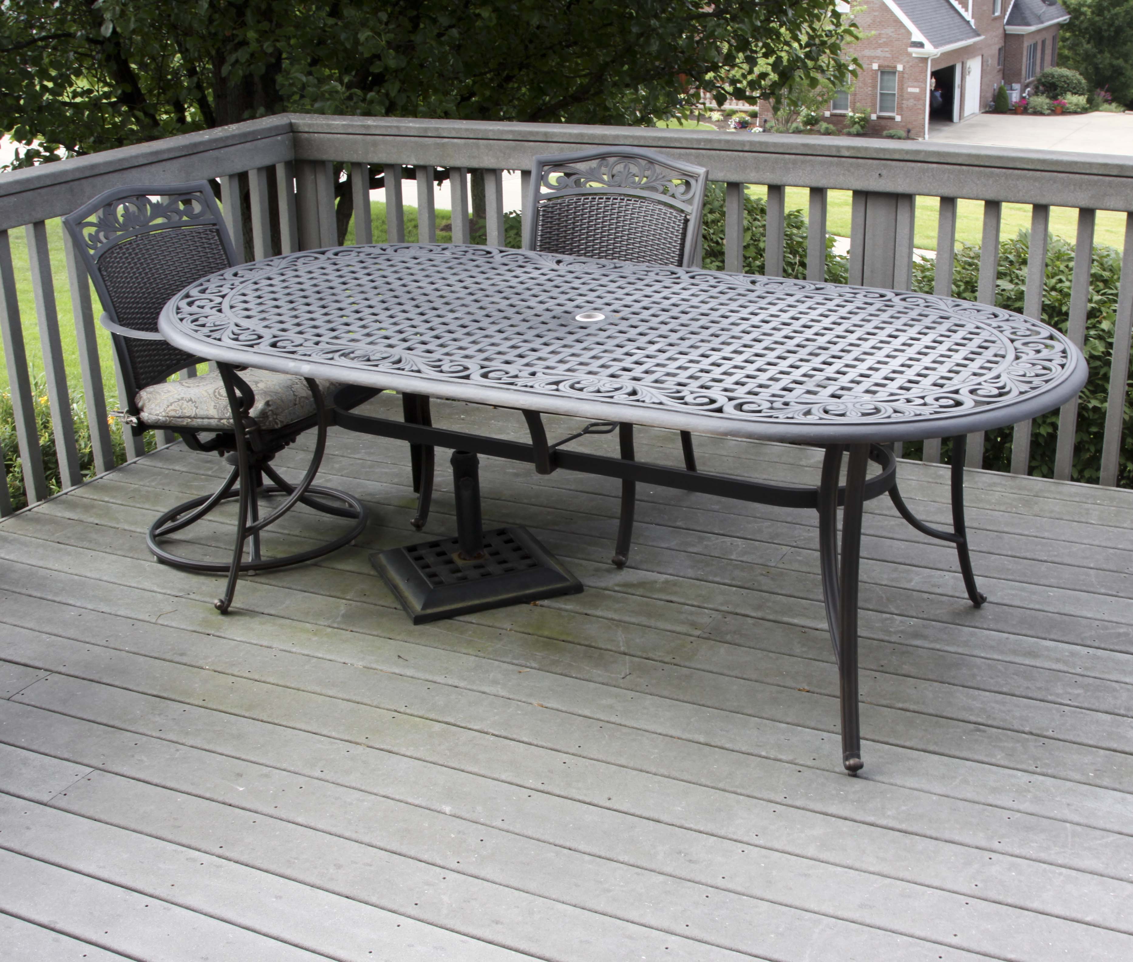 Oval Patio Table, Six Chairs and Umbrella Base