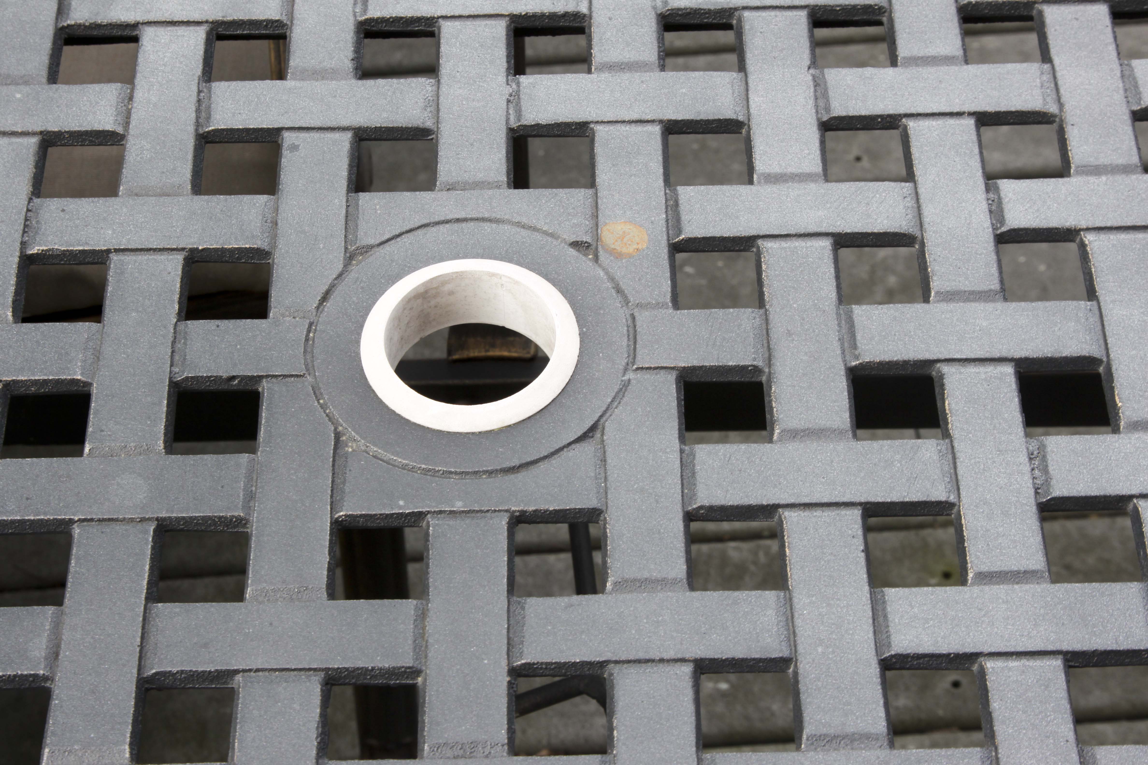 Oval Patio Table, Six Chairs and Umbrella Base