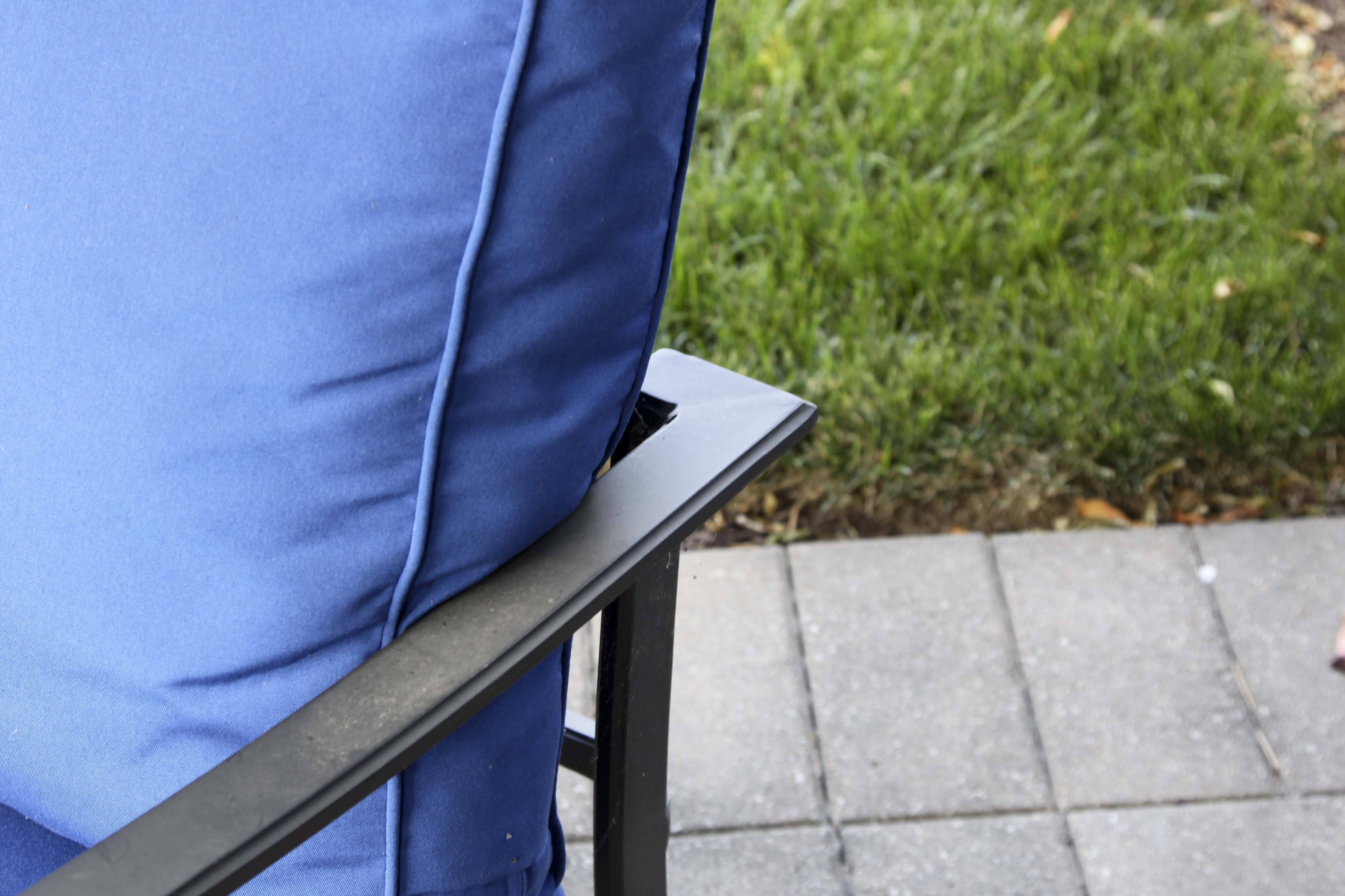 Four Frontgate Patio Chairs with Royal Blue Cushions