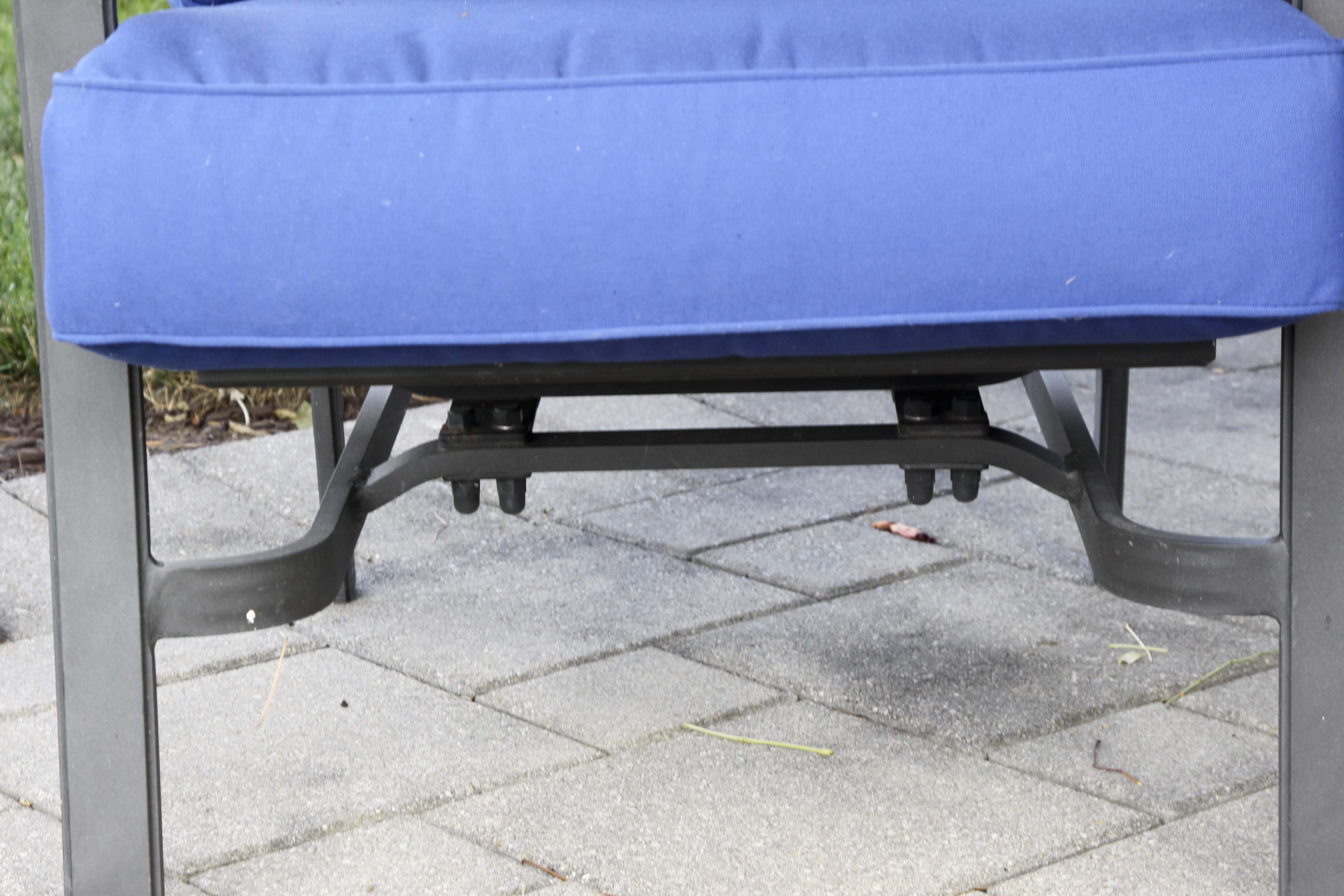 Four Frontgate Patio Chairs with Royal Blue Cushions