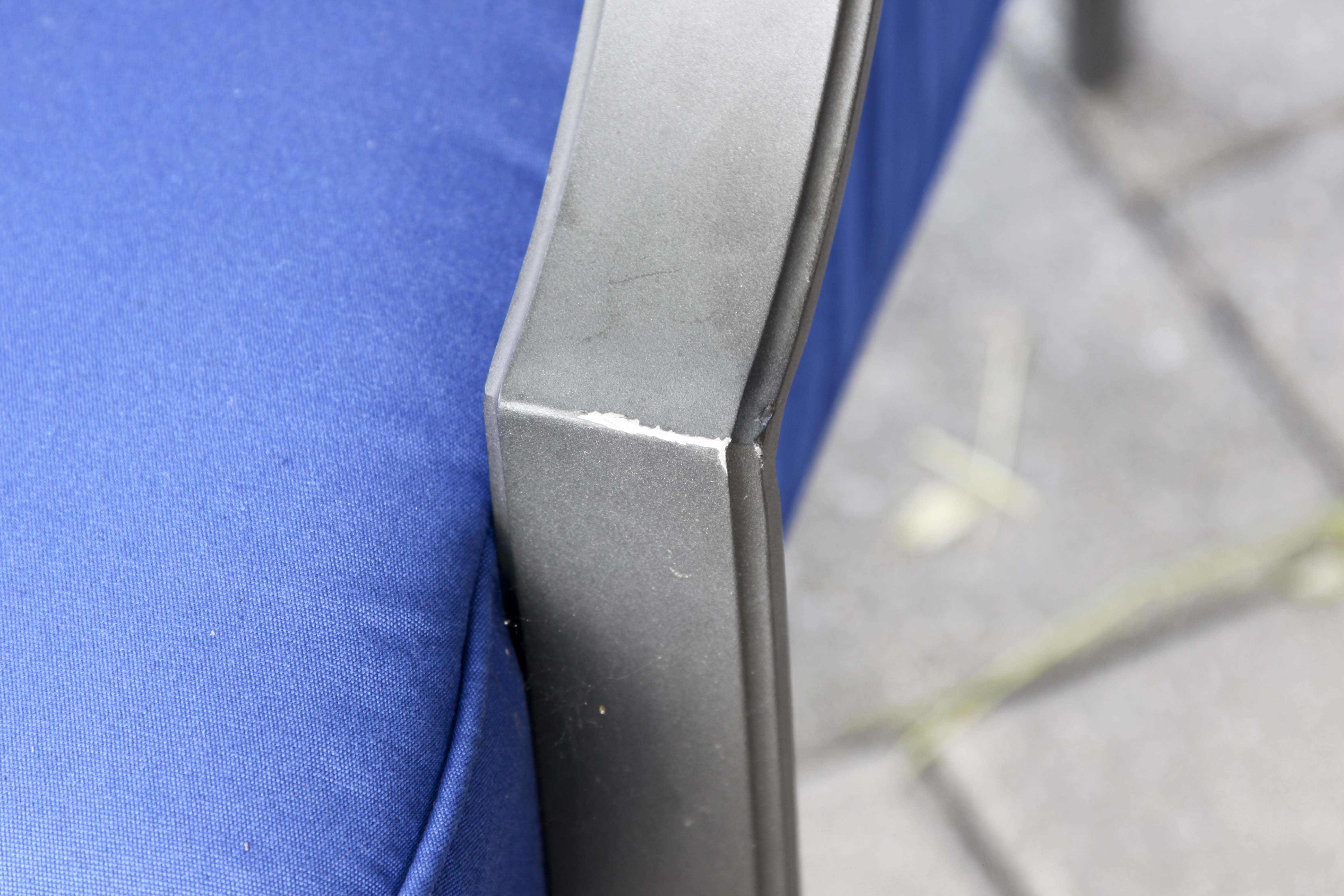 Four Frontgate Patio Chairs with Royal Blue Cushions