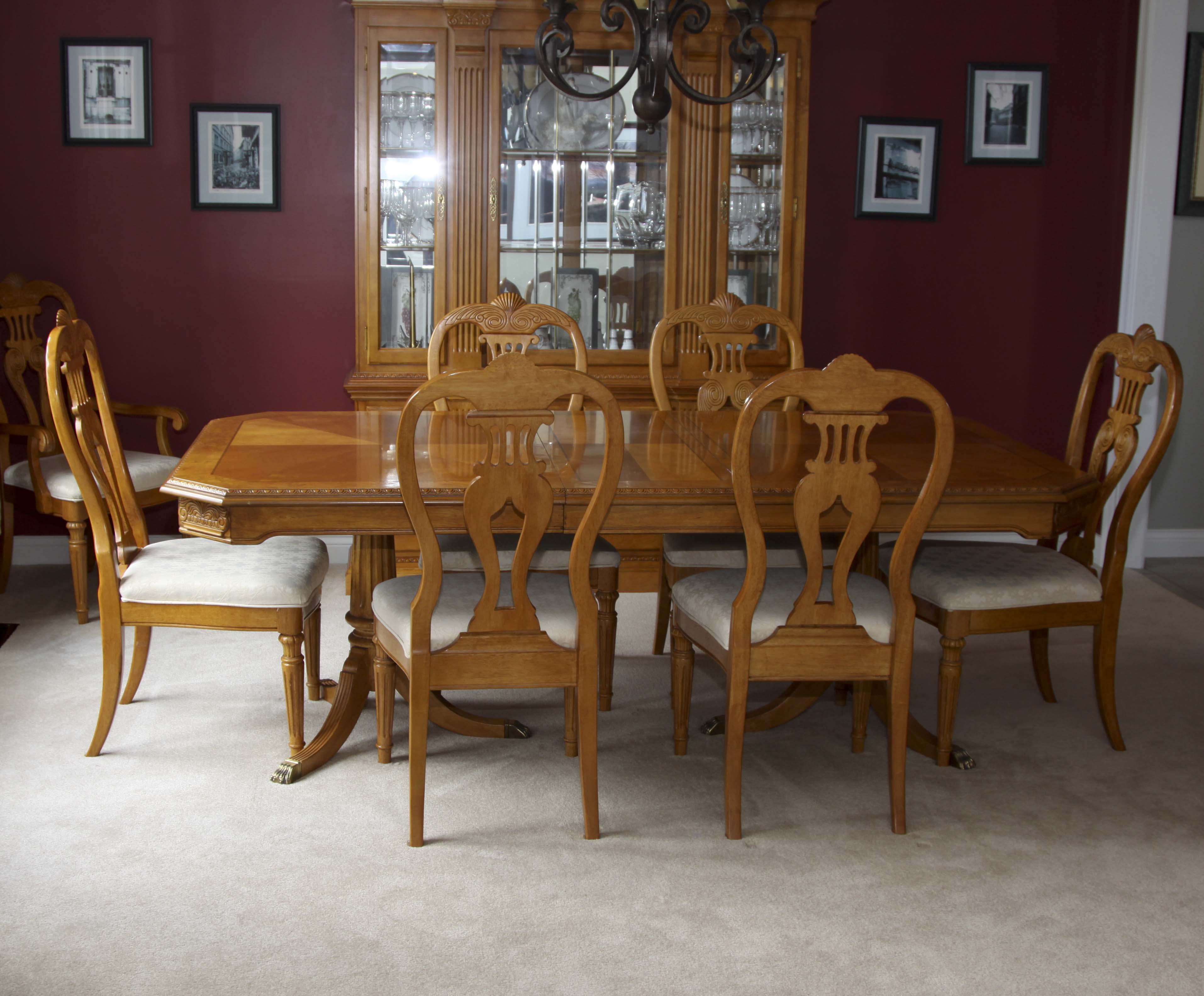 Elegant Olive Wood Dining Room Table and Eight Chairs