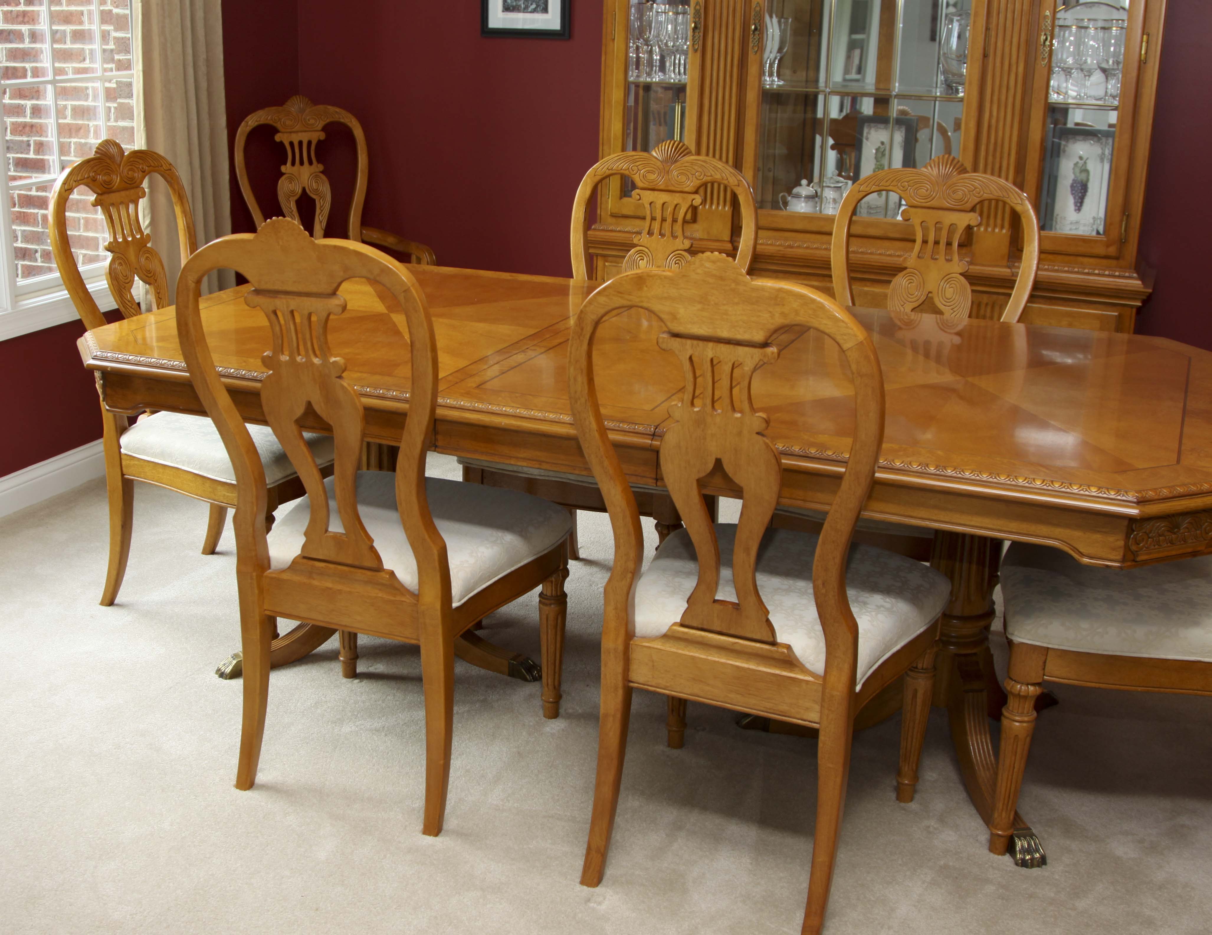 Elegant Olive Wood Dining Room Table and Eight Chairs