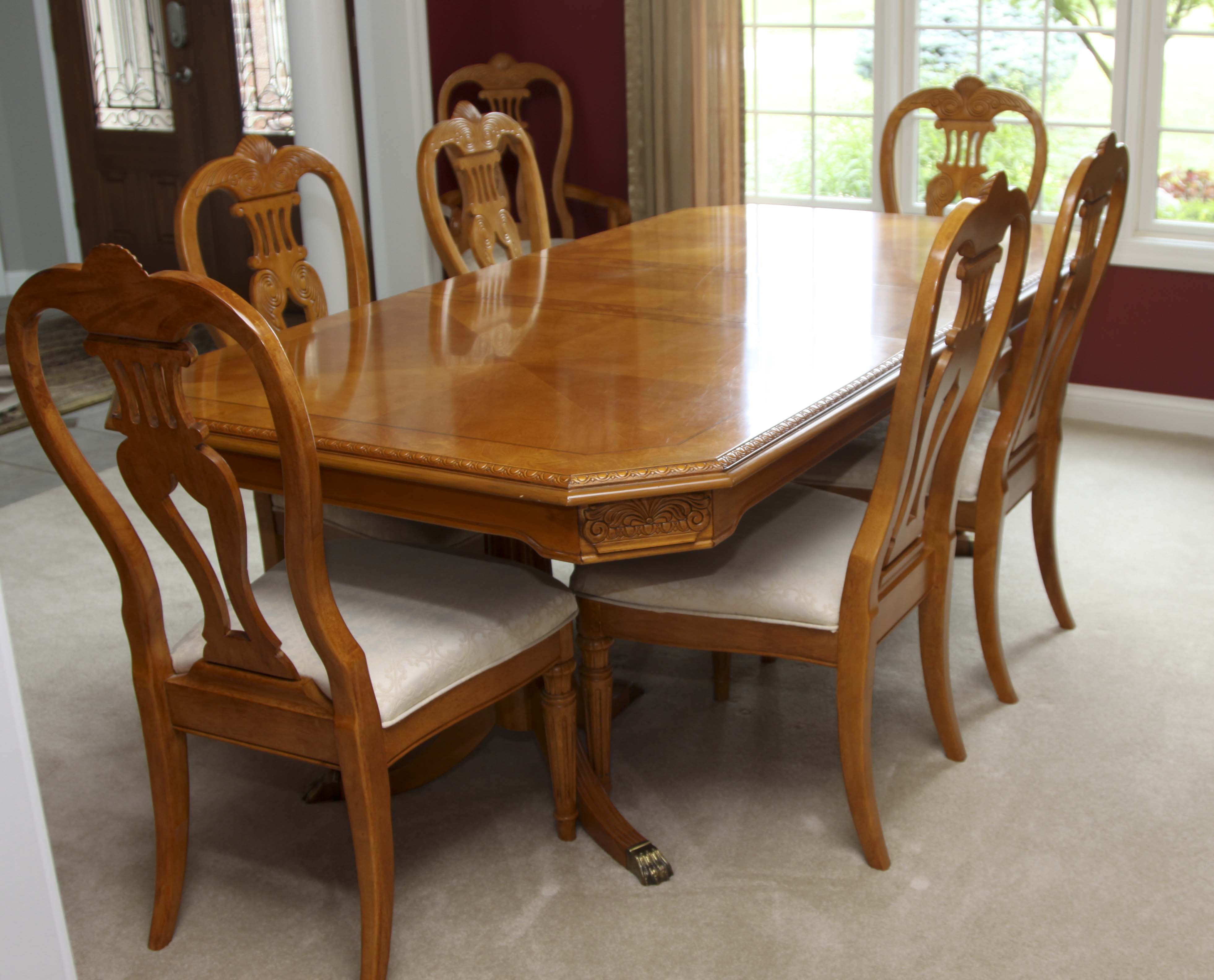 Elegant Olive Wood Dining Room Table and Eight Chairs