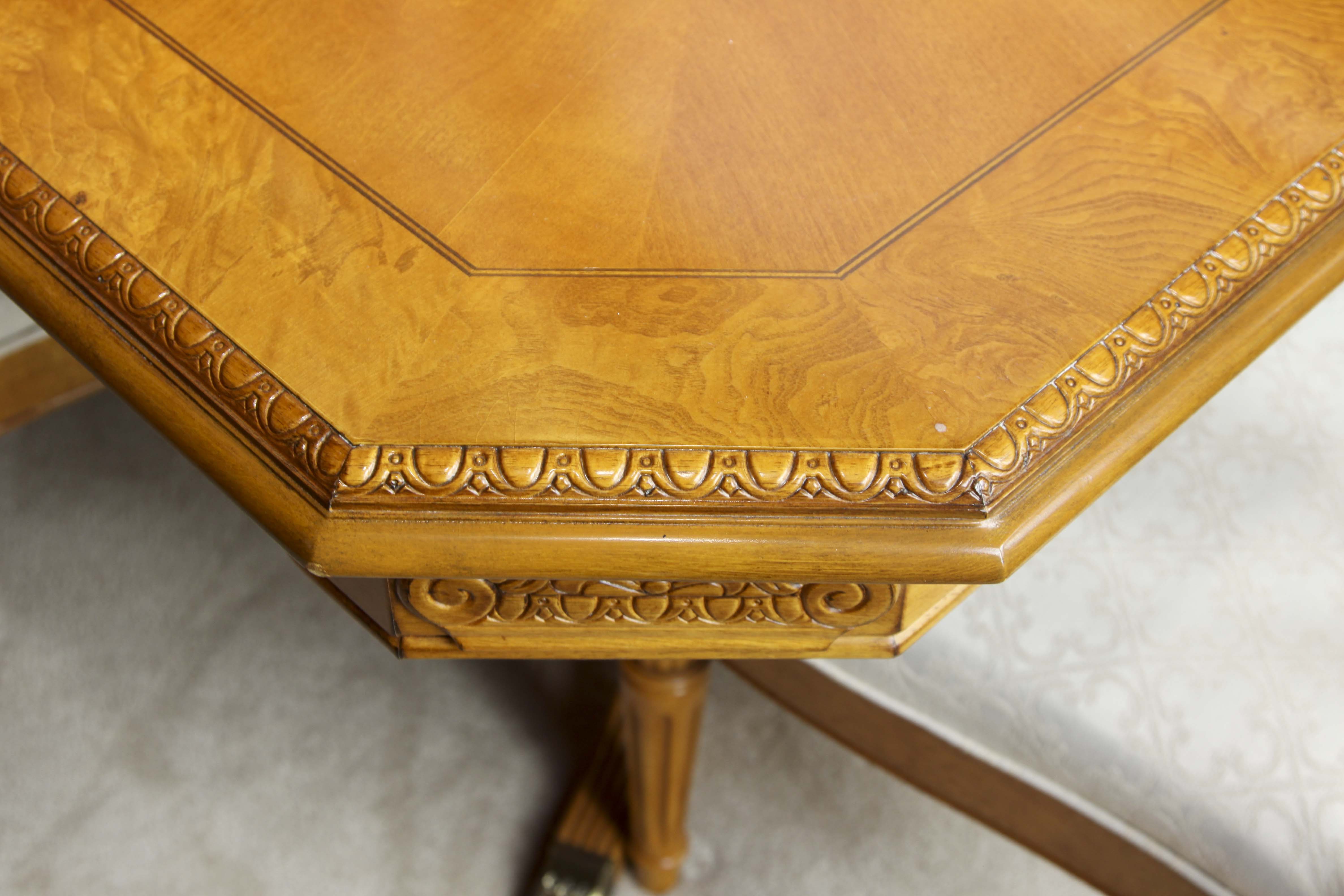 Elegant Olive Wood Dining Room Table and Eight Chairs