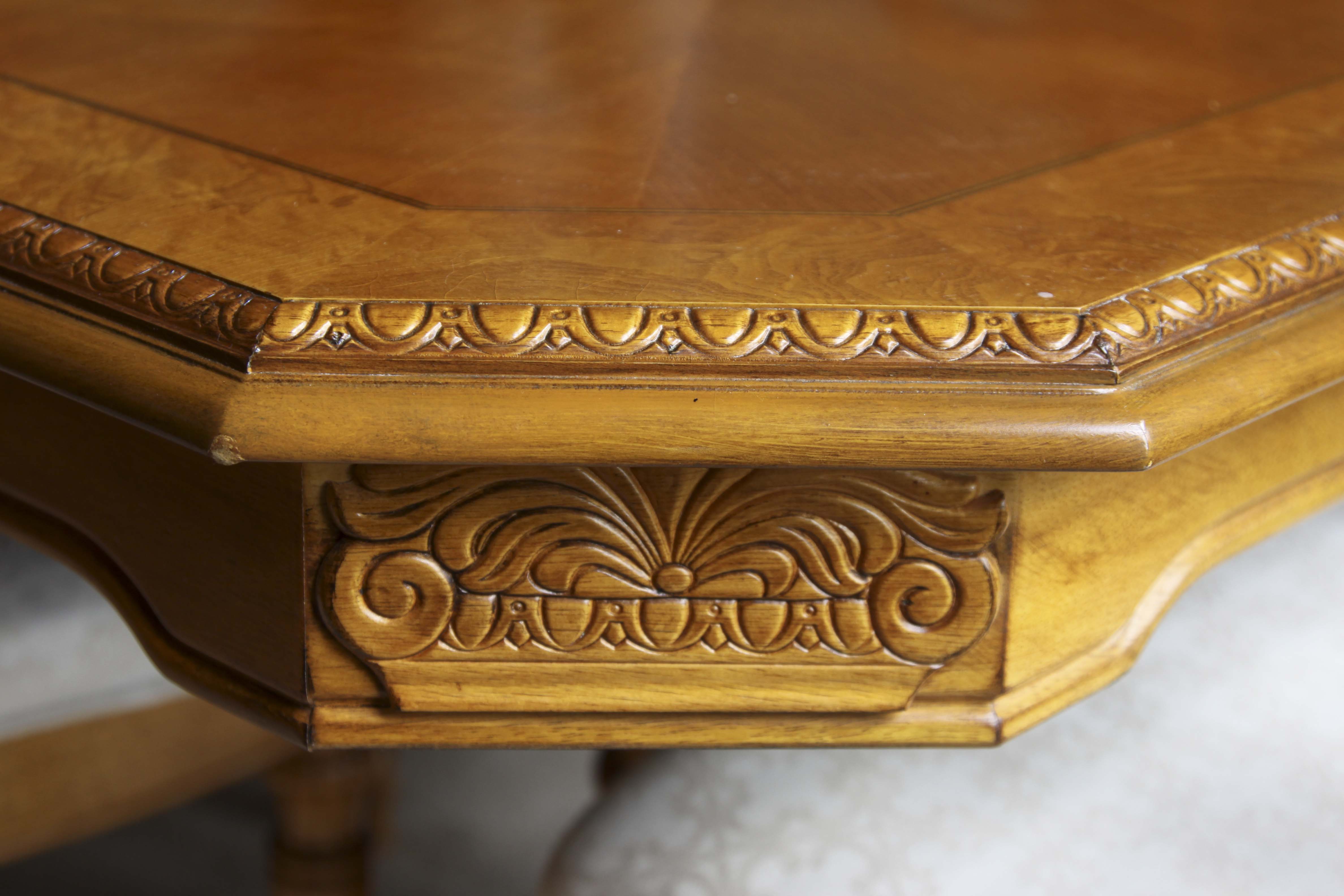 Elegant Olive Wood Dining Room Table and Eight Chairs