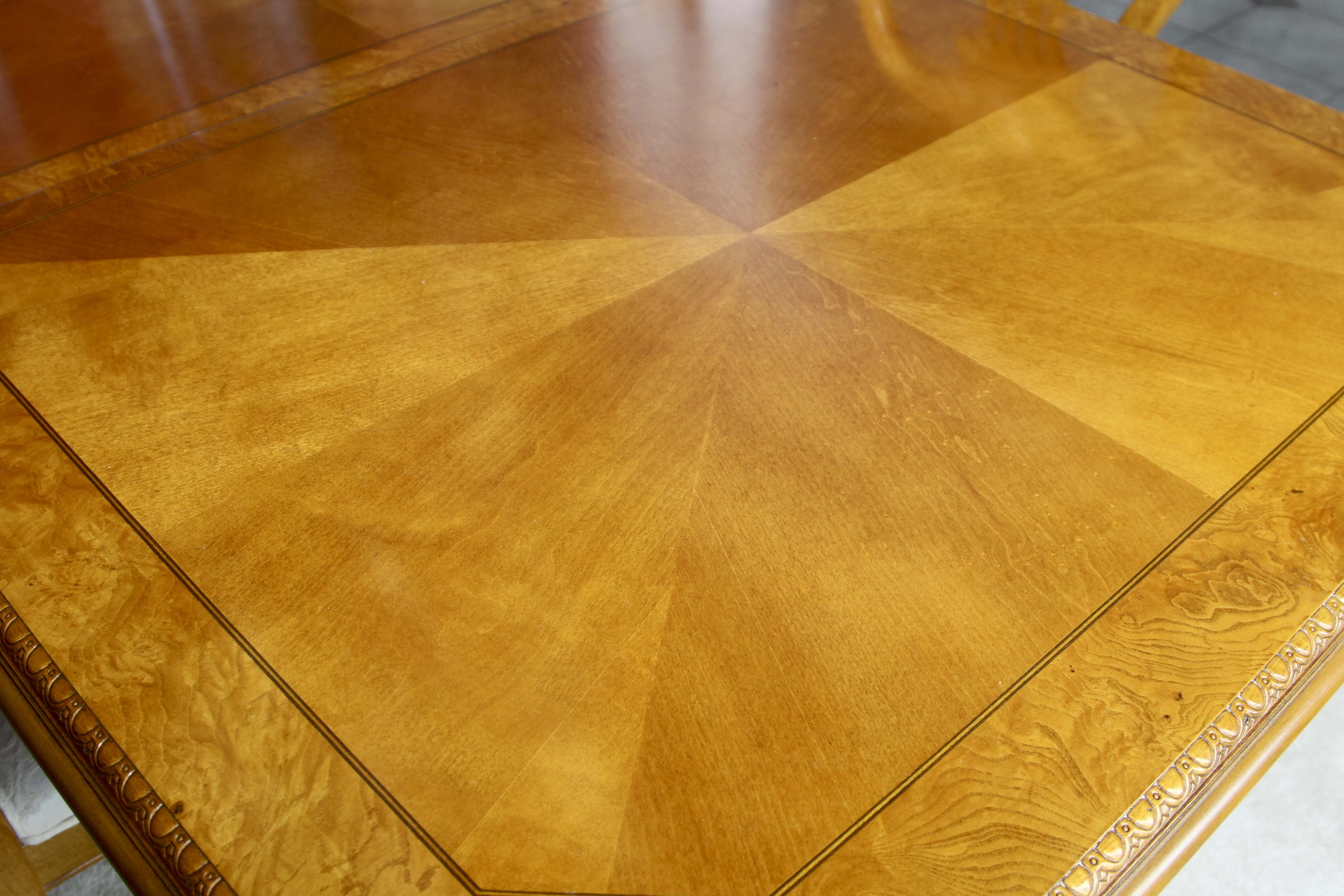 Elegant Olive Wood Dining Room Table and Eight Chairs